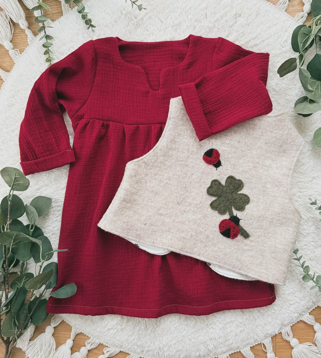 Weste | Wollwalk „Glücksbringer“ Kleeblatt Marienkäfer