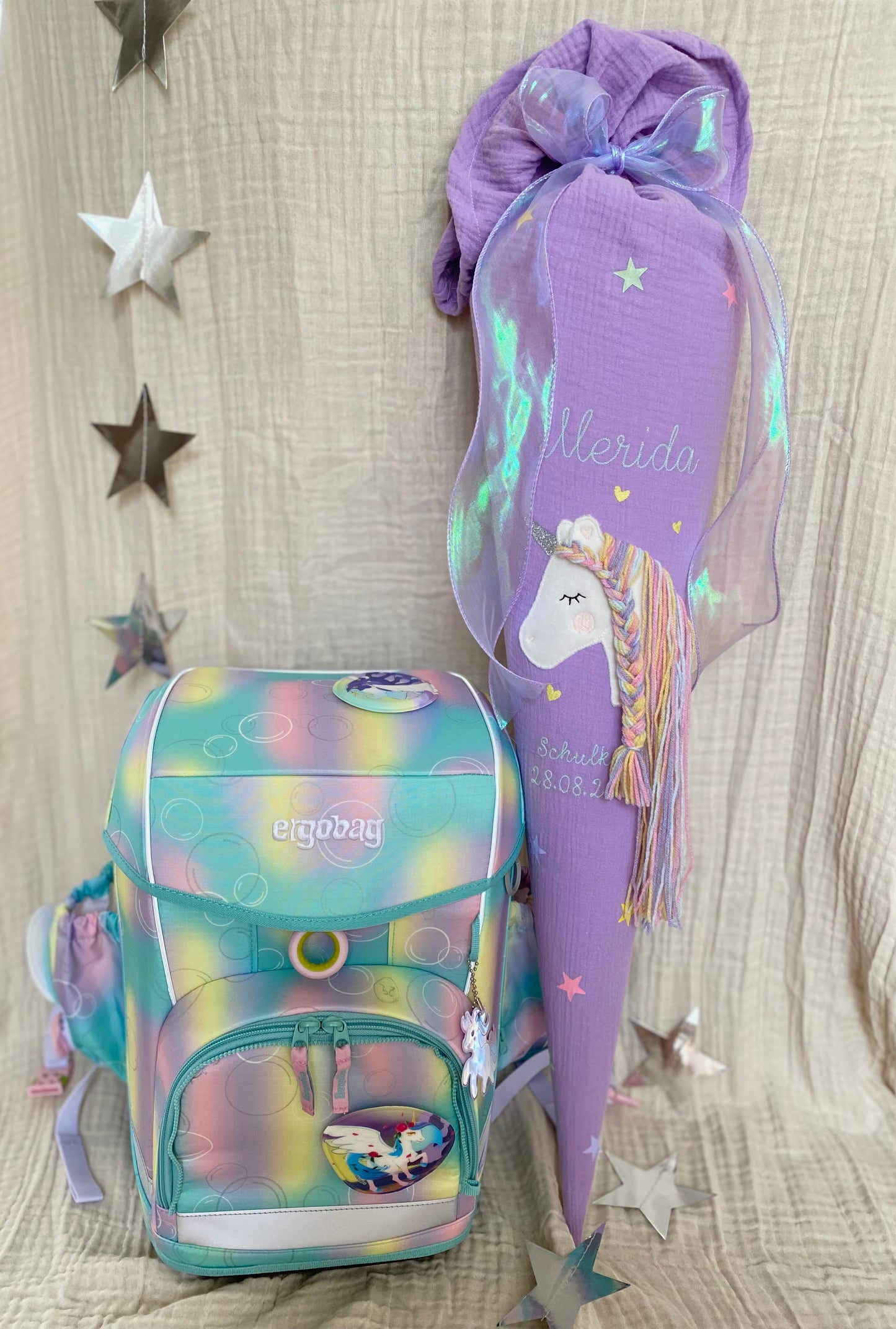 Dein Design Musselin Schultüte 70 cm | Einhorn Regenbogenmähne | Kissen Inlett