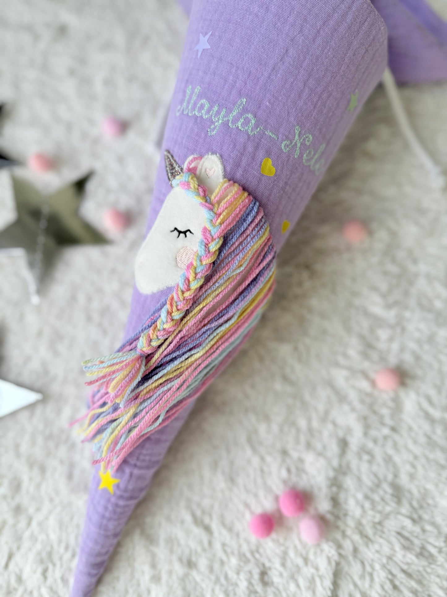 Musselin Geschwistertüte | Kitatüte | Einhorn Regenbogenmähne Sterne & Herzen | Kissen Inlett