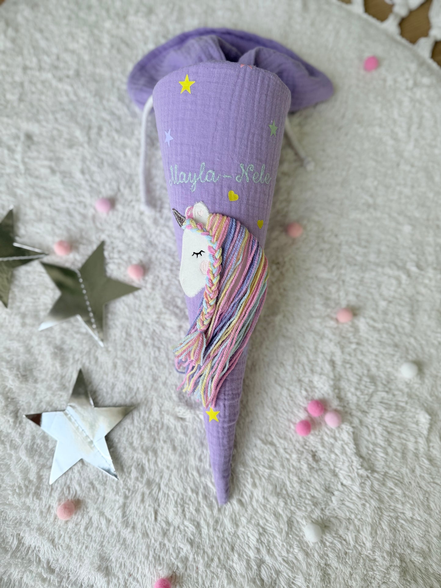 Musselin Geschwistertüte | Kitatüte | Einhorn Regenbogenmähne Sterne & Herzen | Kissen Inlett