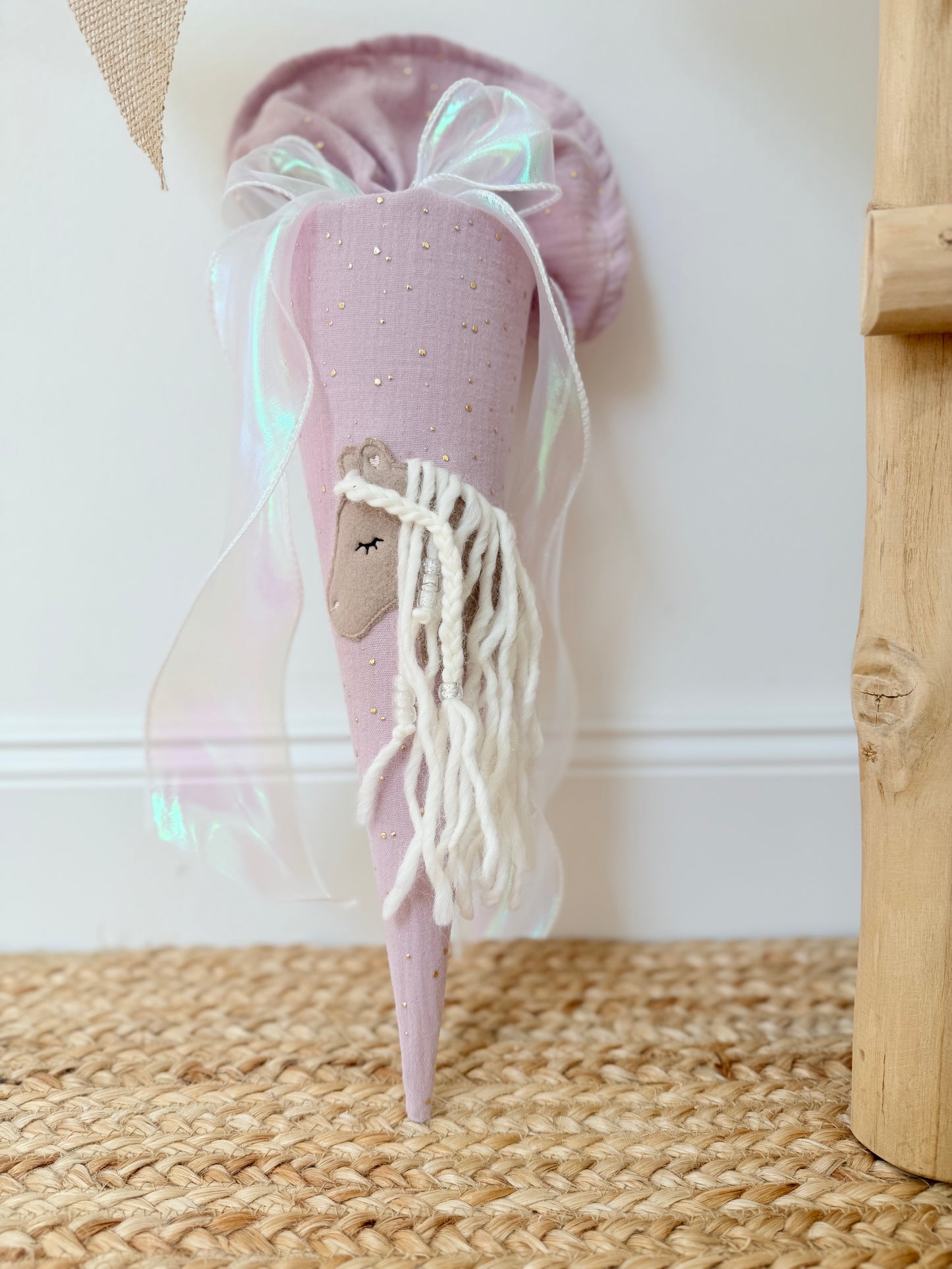 Haflinger | Pony | Fohlen Musselin mit goldenen Punkten Geschwistertüte 35 cm | Einhorn | Regenbogenfarbe | Kissen Inlett