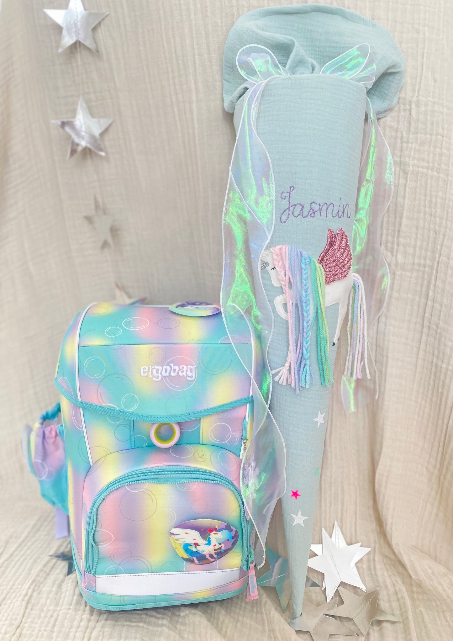 Dein Design | Musselin Schultüte 70 cm | Einhorn mit Flügeln | Pegasus | Regenbogenmähne | Kissen Inlett