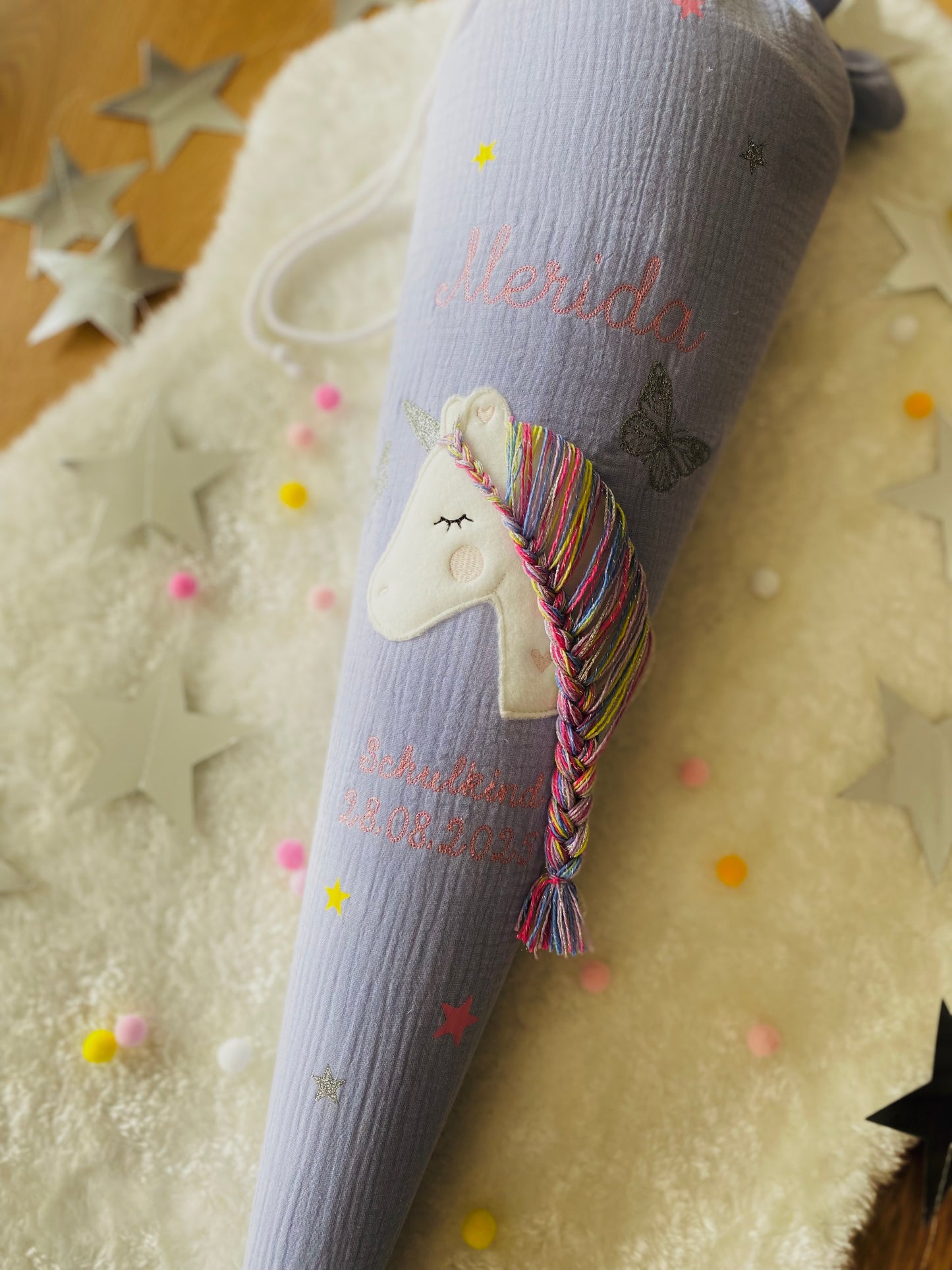 Musselin Schultüte 70 cm | Soft Dezent Pastel | Einhorn Glitzer Regenbogen Mähne | Kissen Inlett