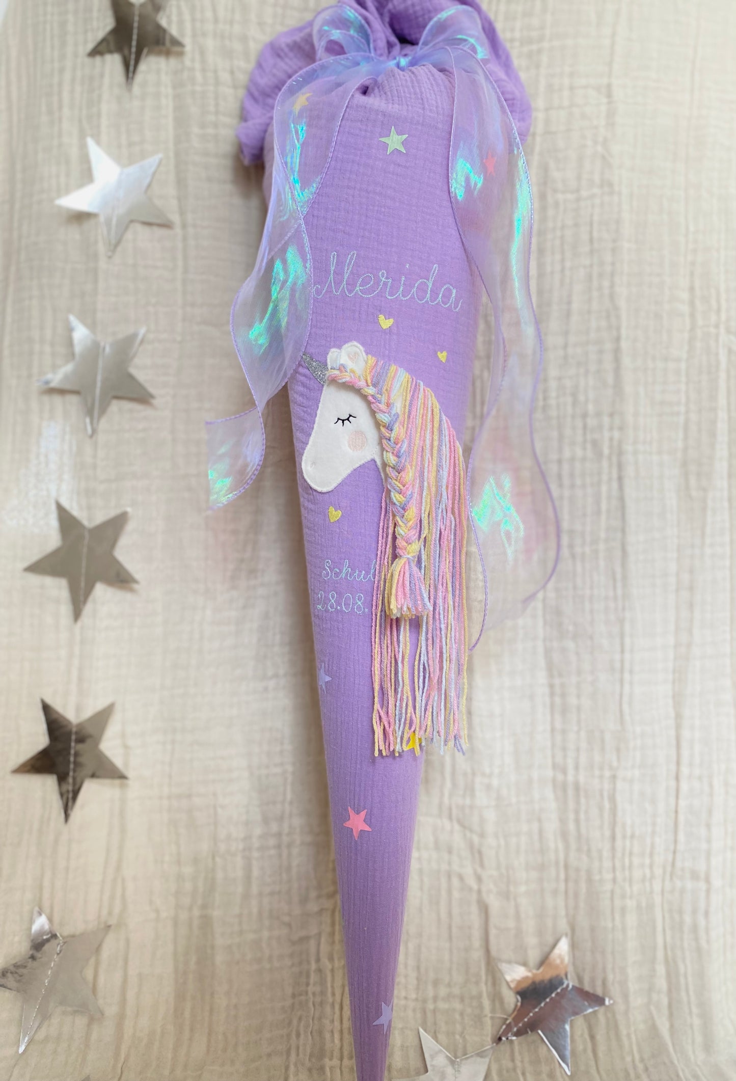 Musselin Schultüte 70 cm | Einhorn Regenbogenmähne | Hologramm Schleifenband | Kissen Inlett