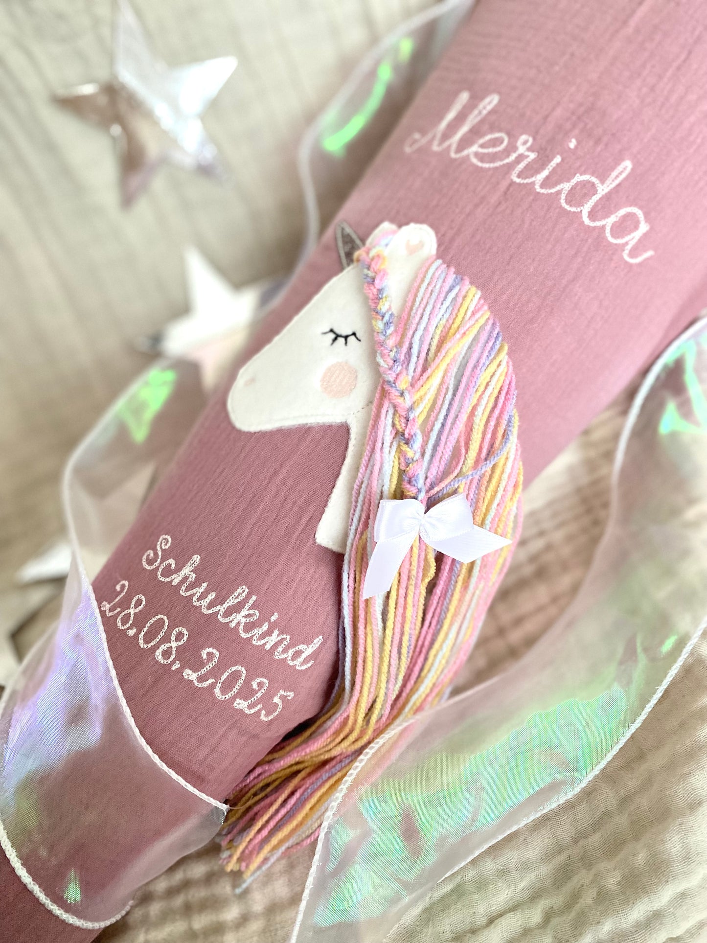 Musselin Schultüte 70 cm | Einhorn Regenbogenmähne | Hologramm Schleifenband | Kissen Inlett