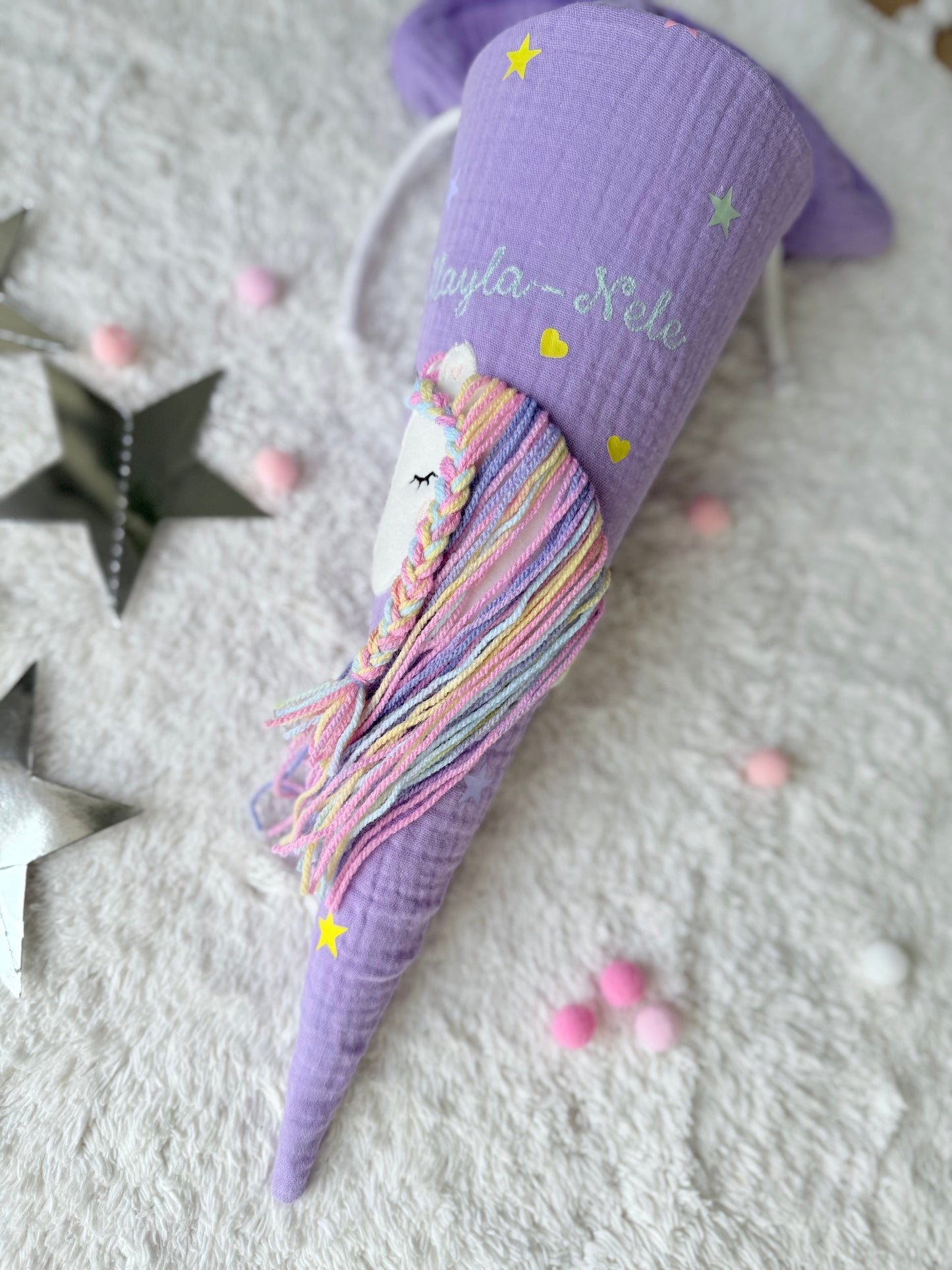 Musselin Geschwistertüte | Kitatüte | Einhorn Regenbogenmähne Sterne & Herzen | Kissen Inlett