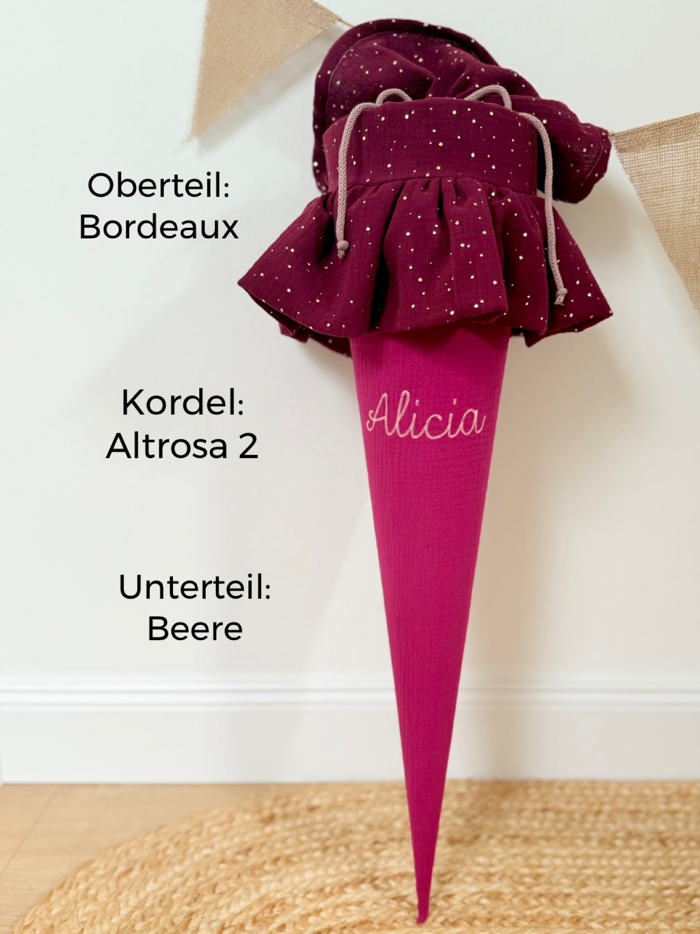 Dein Design | Musselin Schultüte mit Rüsche 70 cm | goldene Punkte/Unifarben | Vorname