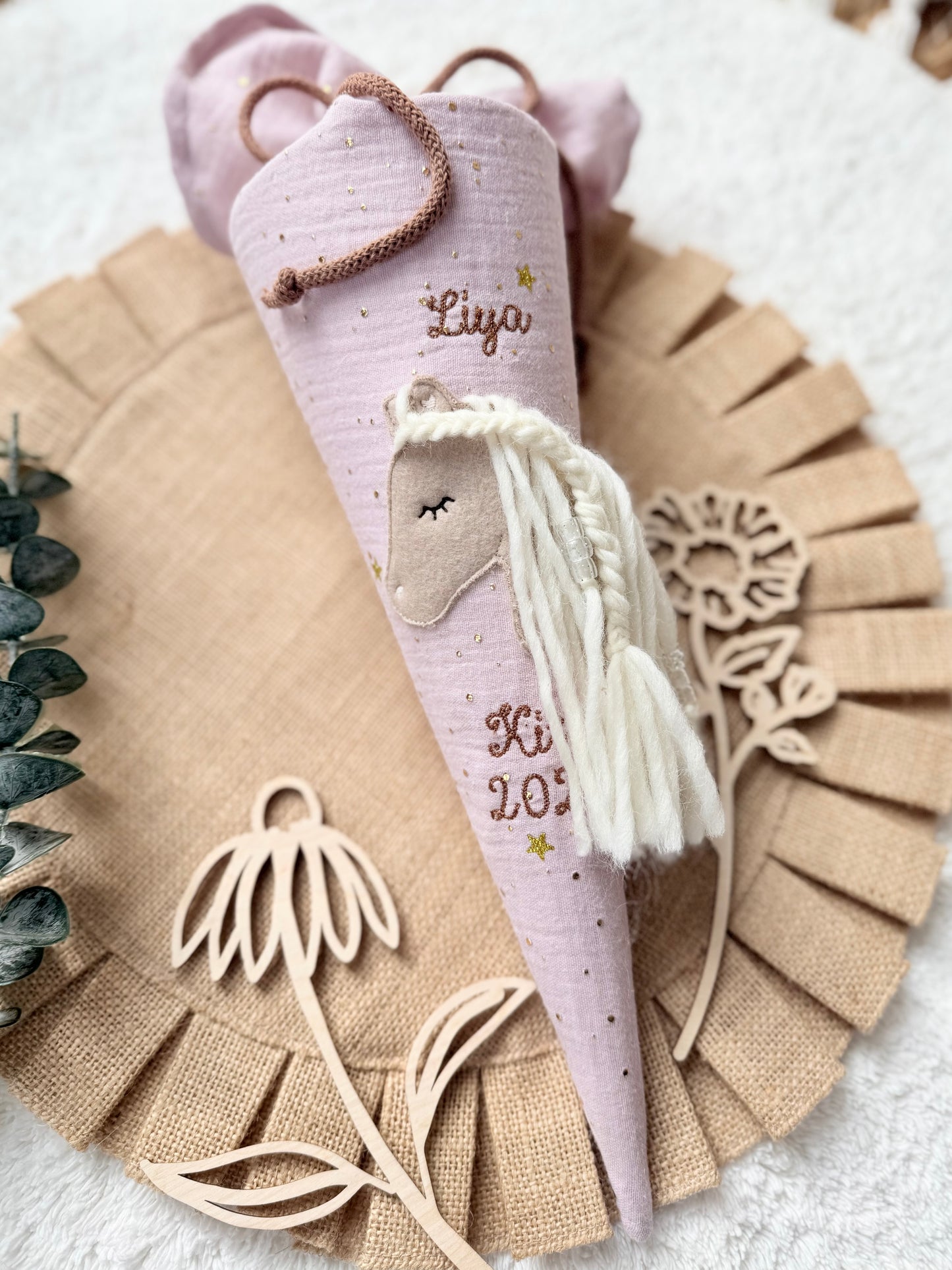 Geschwistertüte 35 cm | Kitatüte | Haflinger | Pony | Fohlen | Musselin mit goldenen Punkten | Kissen Inlett