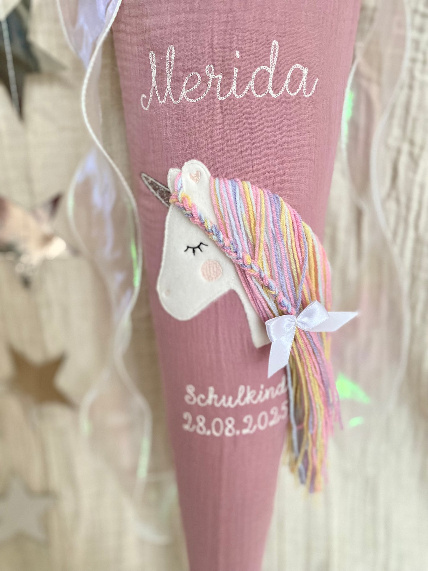 Musselin Schultüte 70 cm | Einhorn Regenbogenmähne | Hologramm Schleifenband | Kissen Inlett