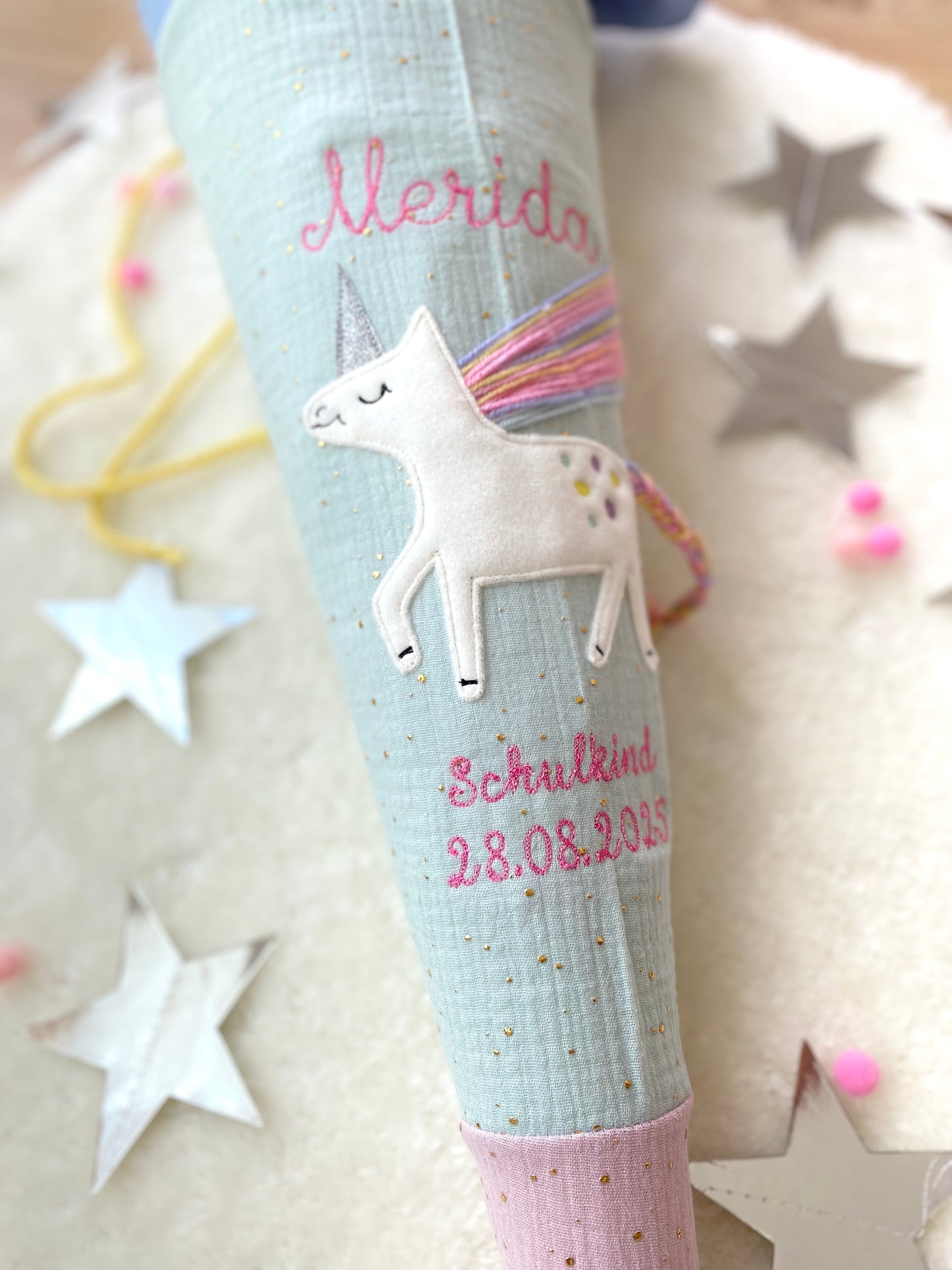 Musselin Schultüte | Einhorn Regenbogenmähne 70 cm | Kissen Inlett