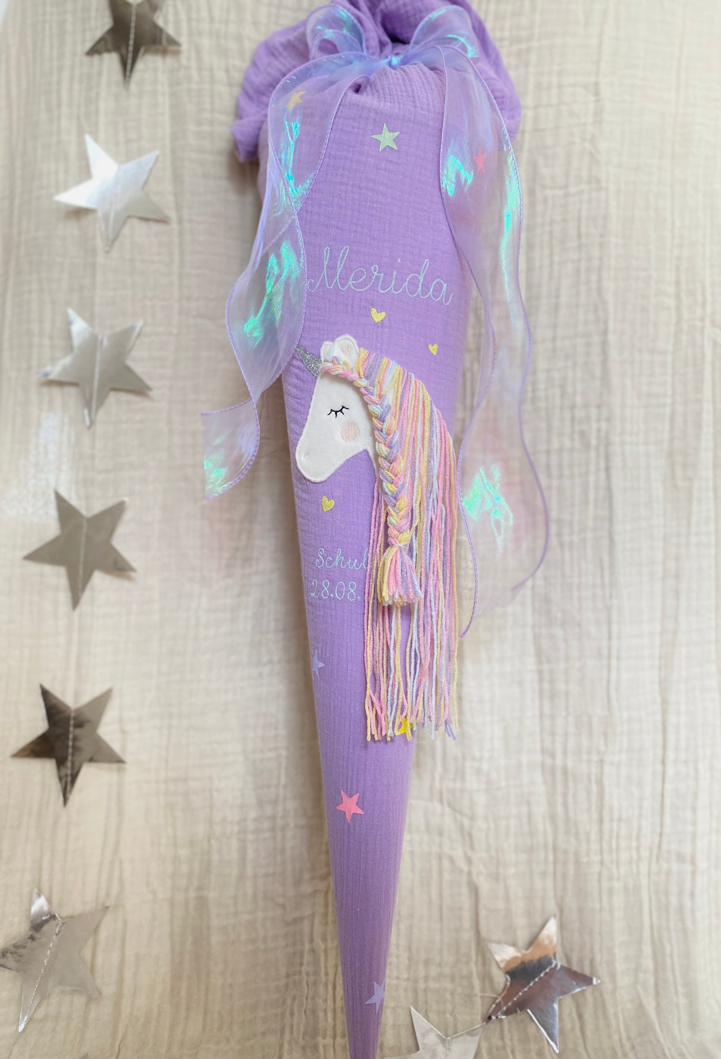 Dein Design Musselin Schultüte 70 cm | Einhorn Regenbogenmähne | Kissen Inlett