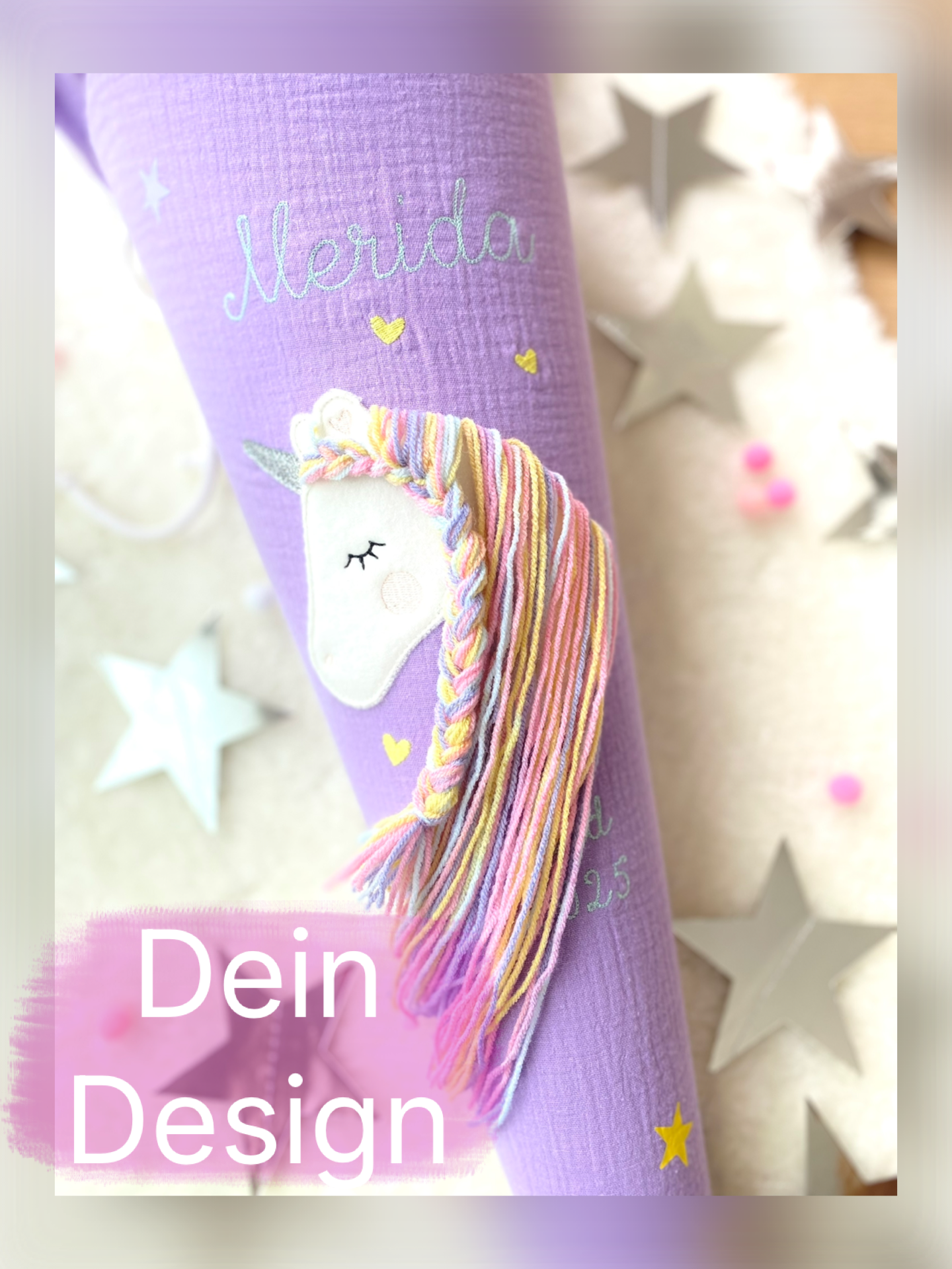 Dein Design Musselin Schultüte 70 cm | Einhorn Regenbogenmähne | Kissen Inlett