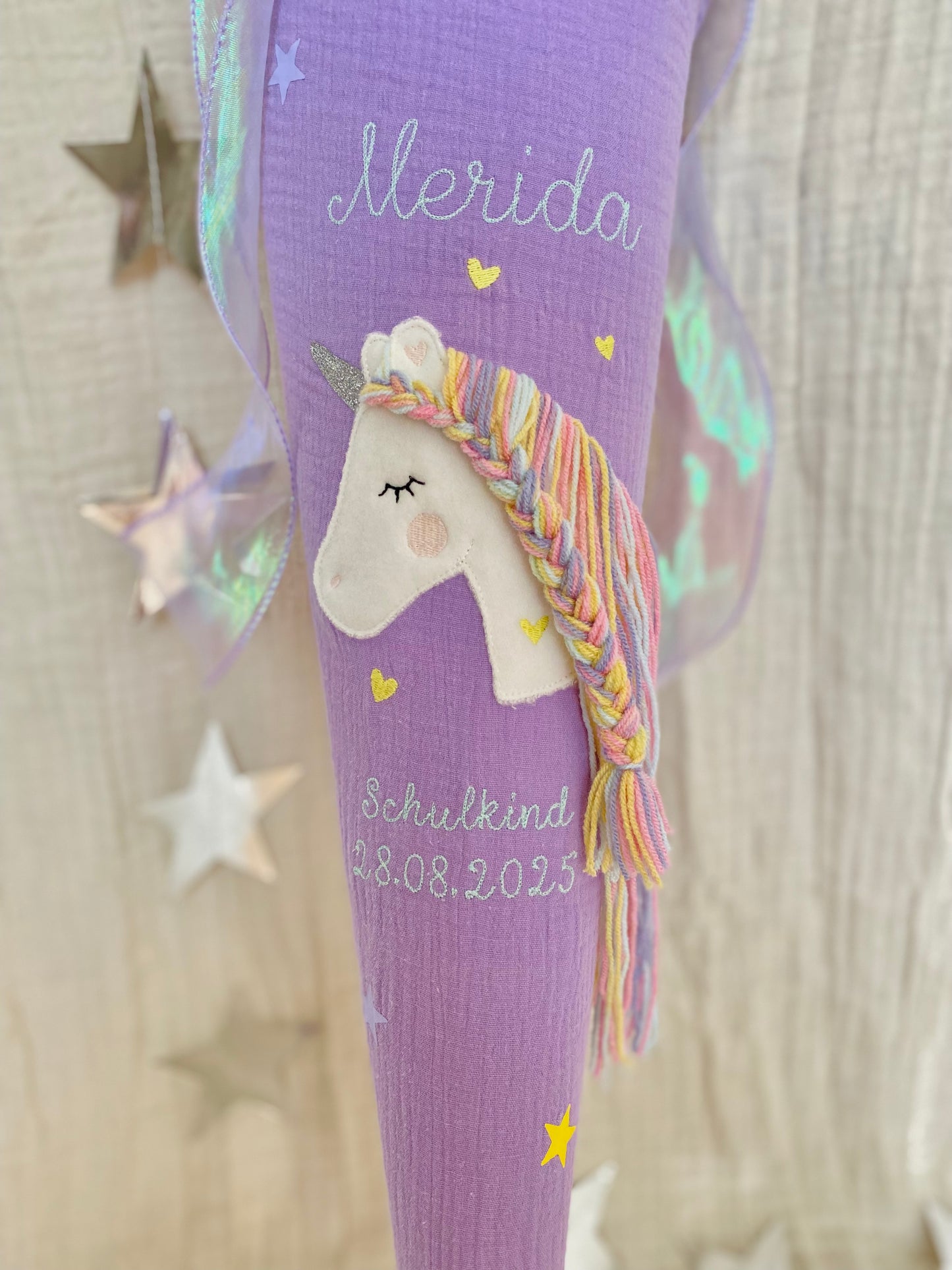 Musselin Schultüte 70 cm | Einhorn Regenbogenmähne | Hologramm Schleifenband | Kissen Inlett