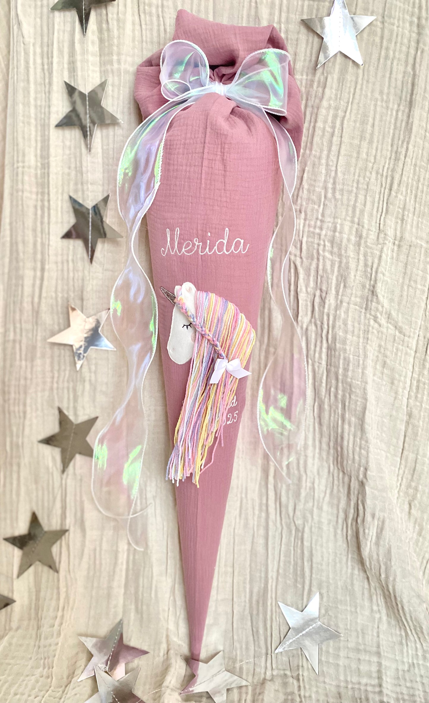 Musselin Schultüte 70 cm | Einhorn Regenbogenmähne | Hologramm Schleifenband | Kissen Inlett