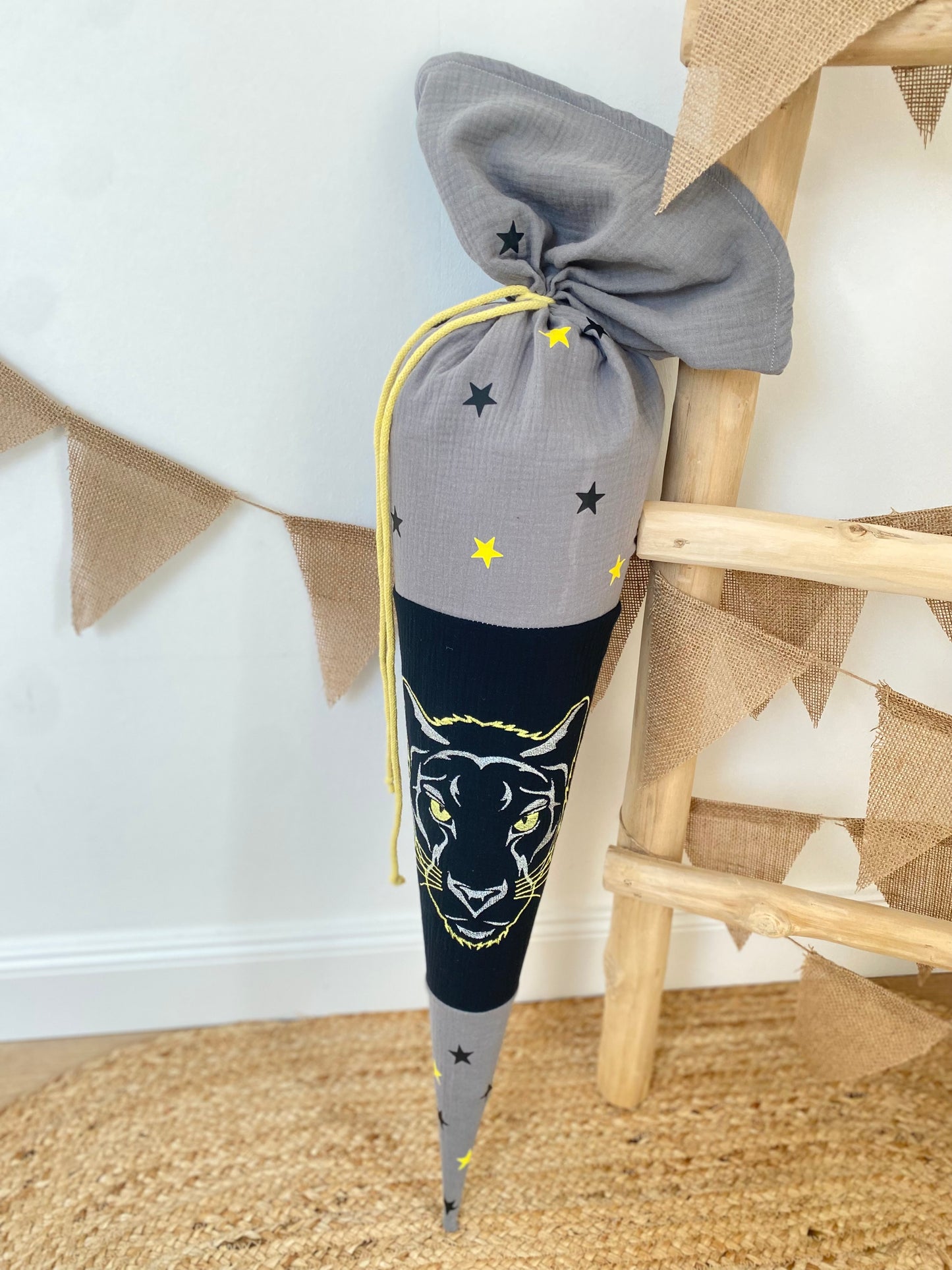 Musselin Schultüte Panther 70 cm | Geschwistertüte 35 cm | Kissen Inlett