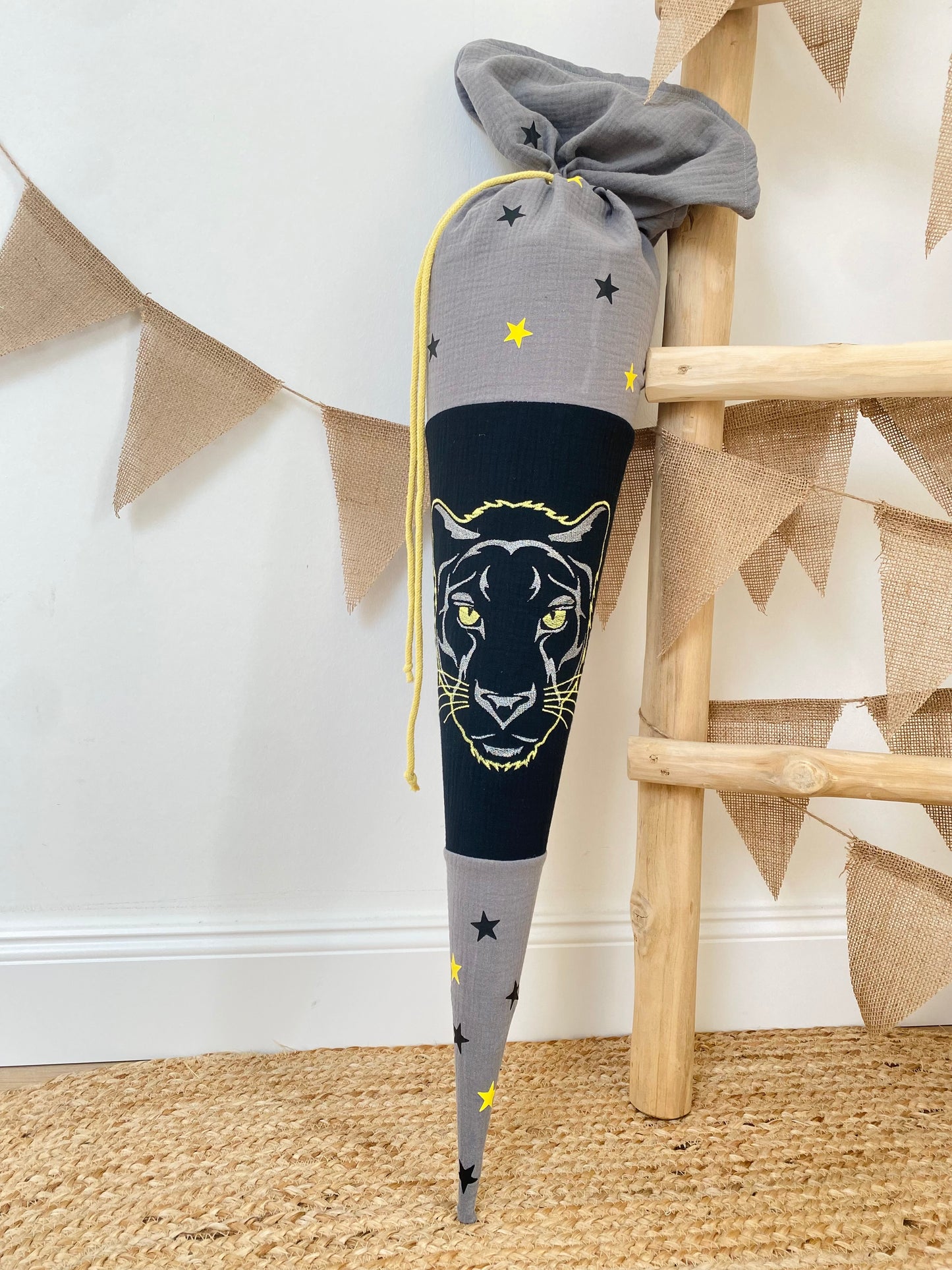 Musselin Schultüte Panther 70 cm | Geschwistertüte 35 cm | Kissen Inlett