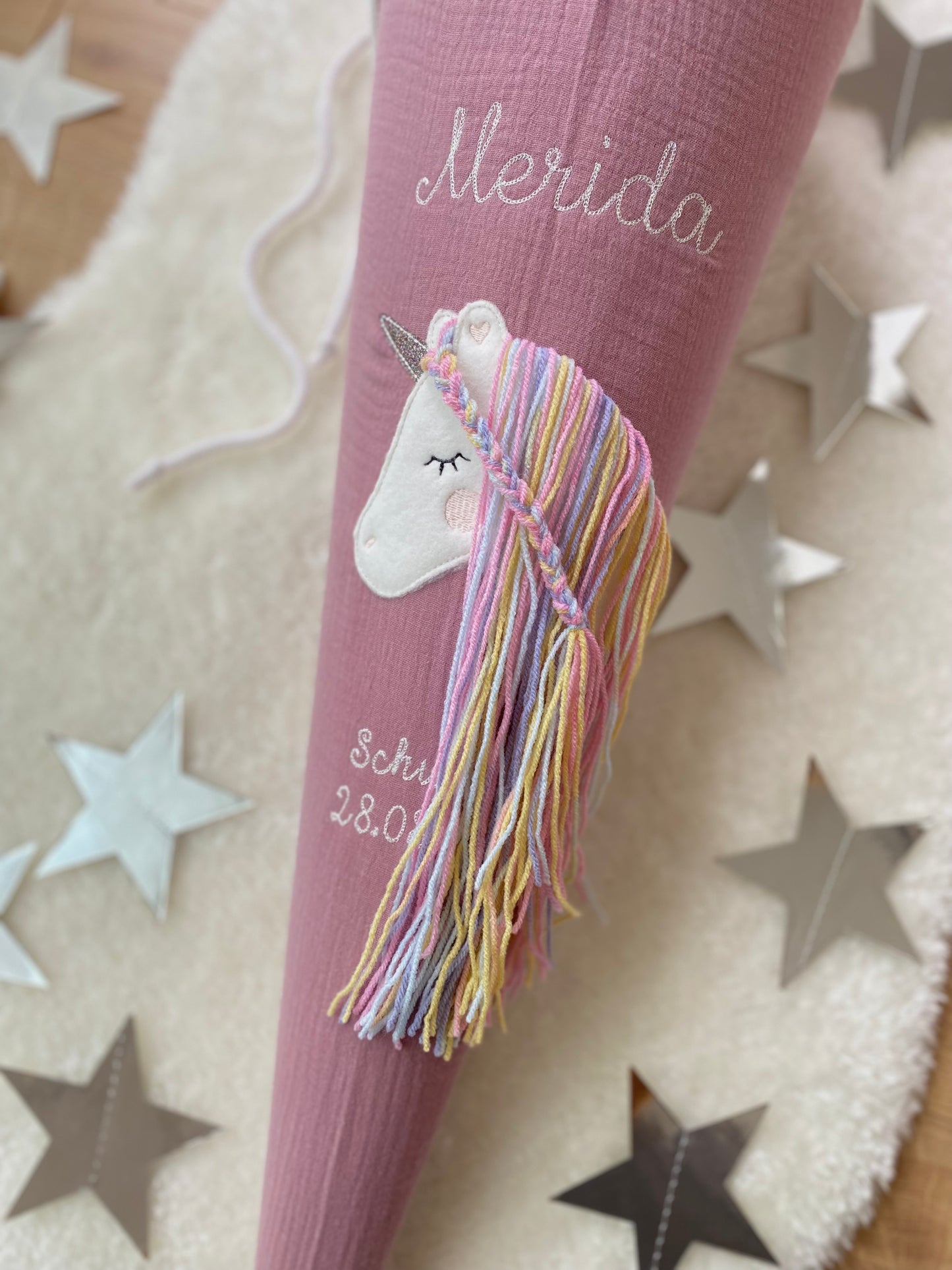 Musselin Schultüte 70 cm | Einhorn Regenbogenmähne | Kissen Inlett