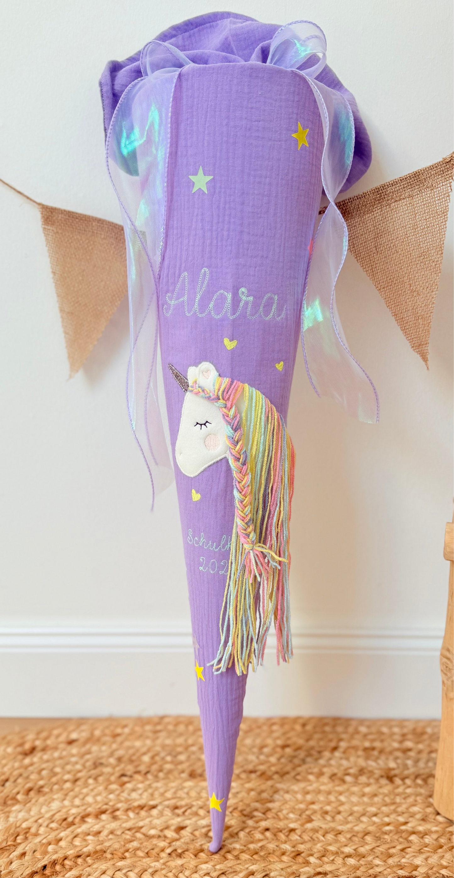 Dein Design Musselin Schultüte 70 cm | Einhorn Regenbogenmähne | Kissen Inlett