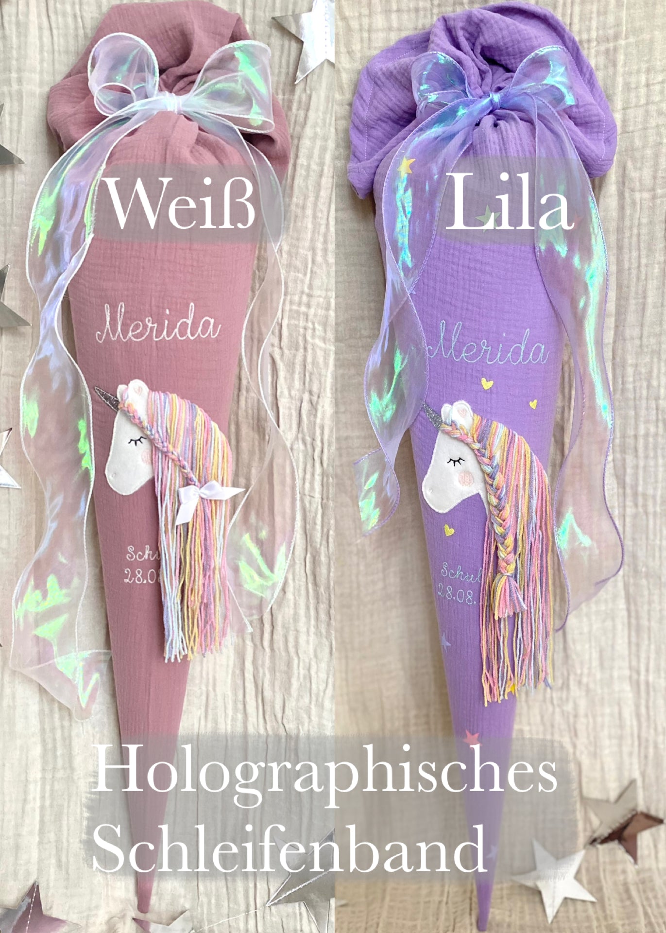 Dein Design Musselin Schultüte 70 cm | Einhorn Regenbogenmähne | Kissen Inlett