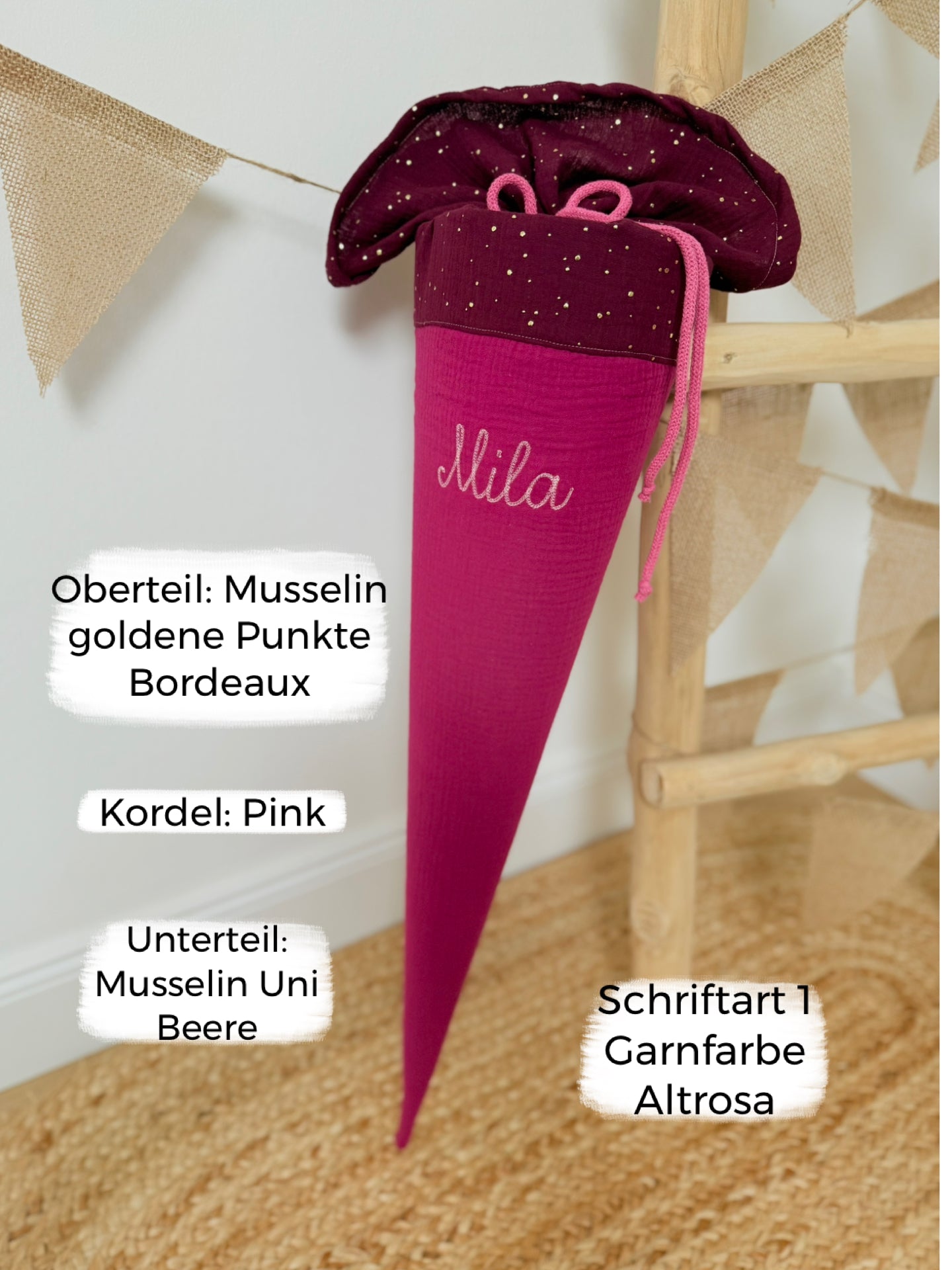 Dein Design | Musselin Schultüte 70 cm | goldene Punkte/Unifarben | Vorname