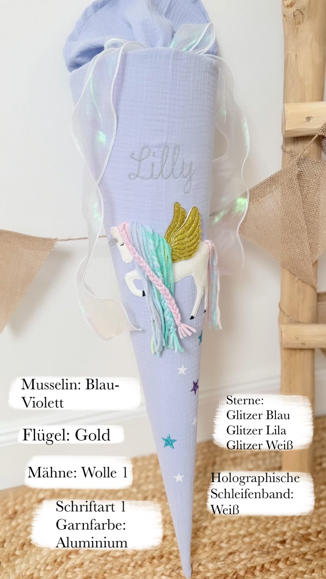 Dein Design | Musselin Schultüte 70 cm | Einhorn mit Flügeln | Pegasus | Regenbogenmähne | Kissen Inlett