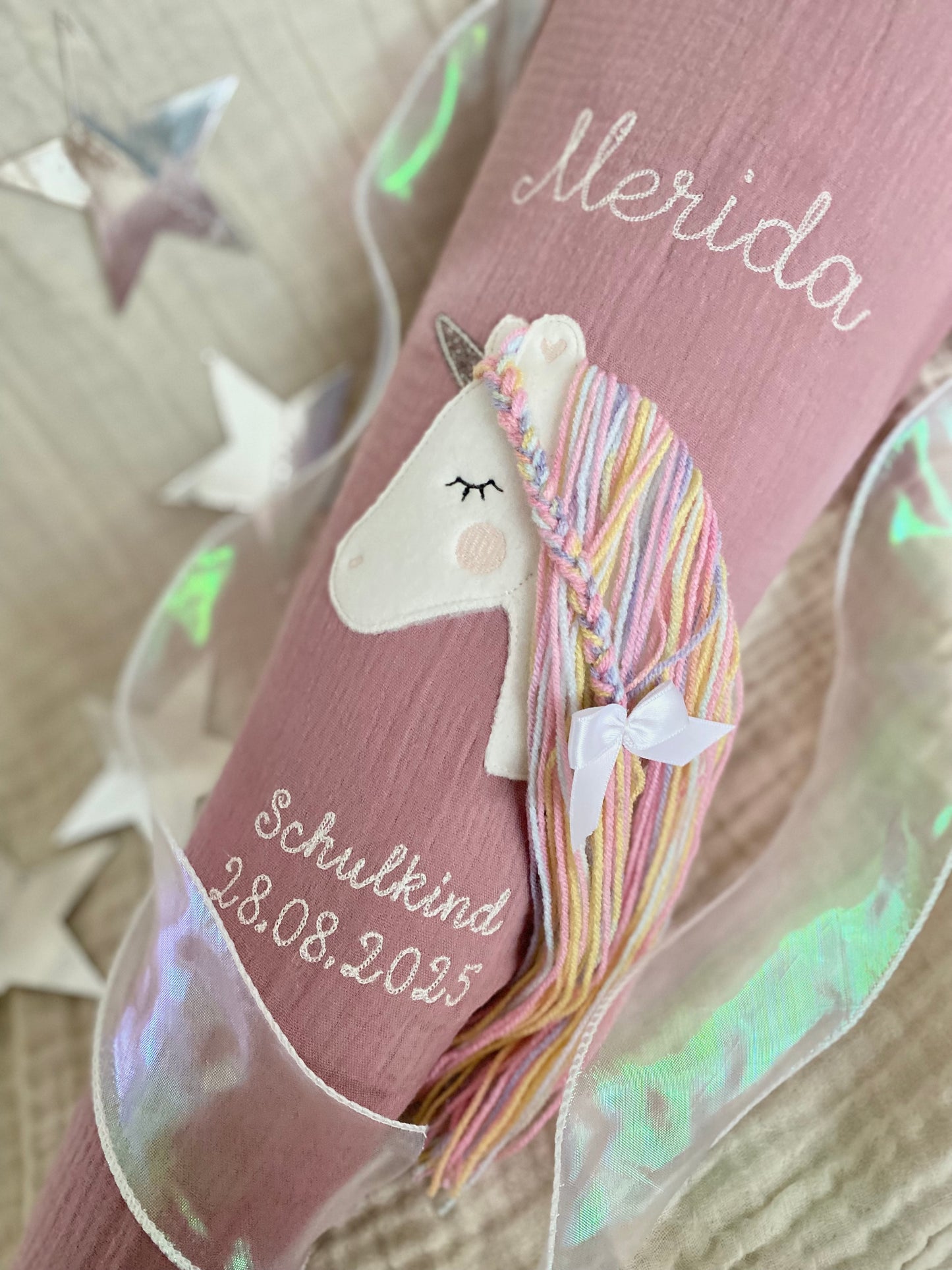 Musselin Schultüte 70 cm | Einhorn Regenbogenmähne | Hologramm Schleifenband | Kissen Inlett