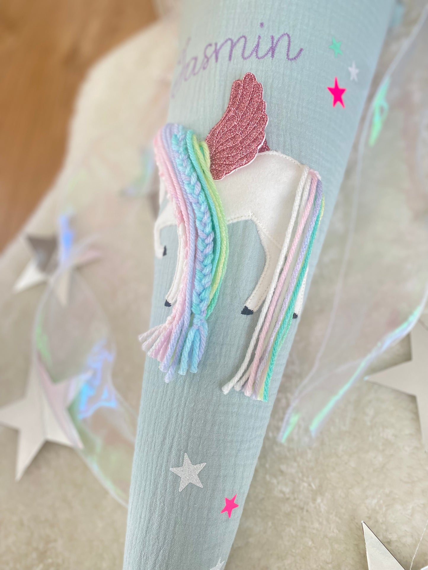 Dein Design | Musselin Schultüte 70 cm | Einhorn mit Flügeln | Pegasus | Regenbogenmähne | Kissen Inlett