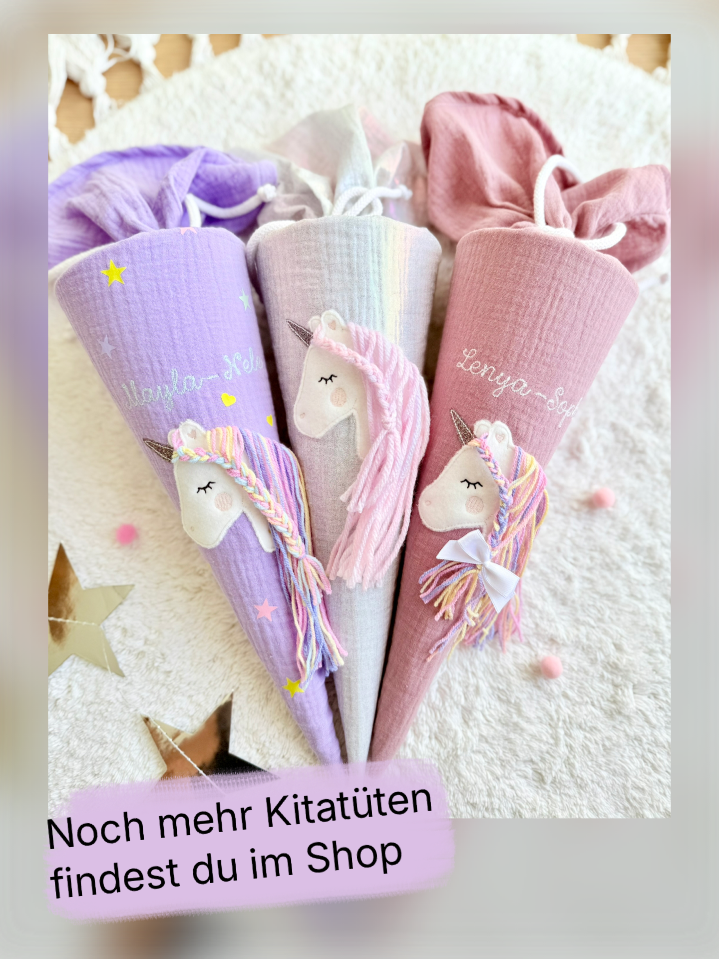 Haflinger | Pony | Fohlen | Musselin mit goldenen Punkten | Geschwistertüte 35 cm | Kissen Inlett