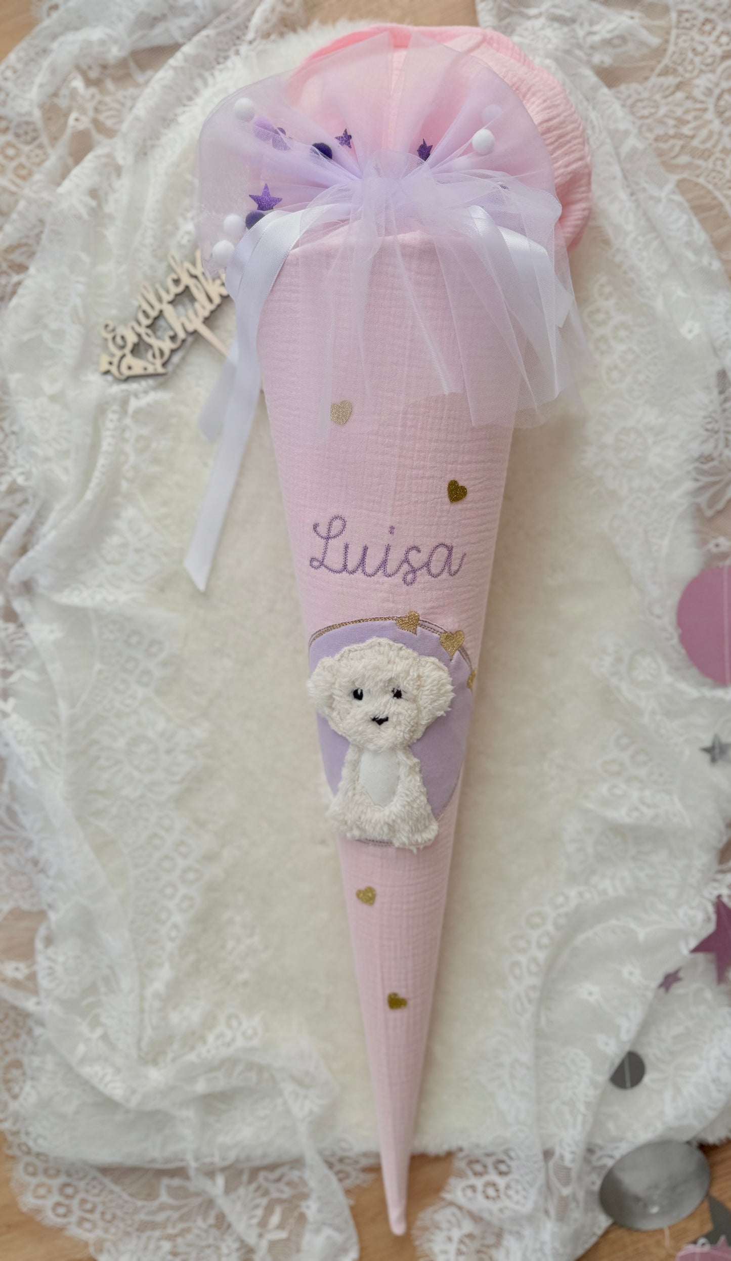 Musselin Schultüte 70 cm | weißer Hund | Welpe | Kisseninlett