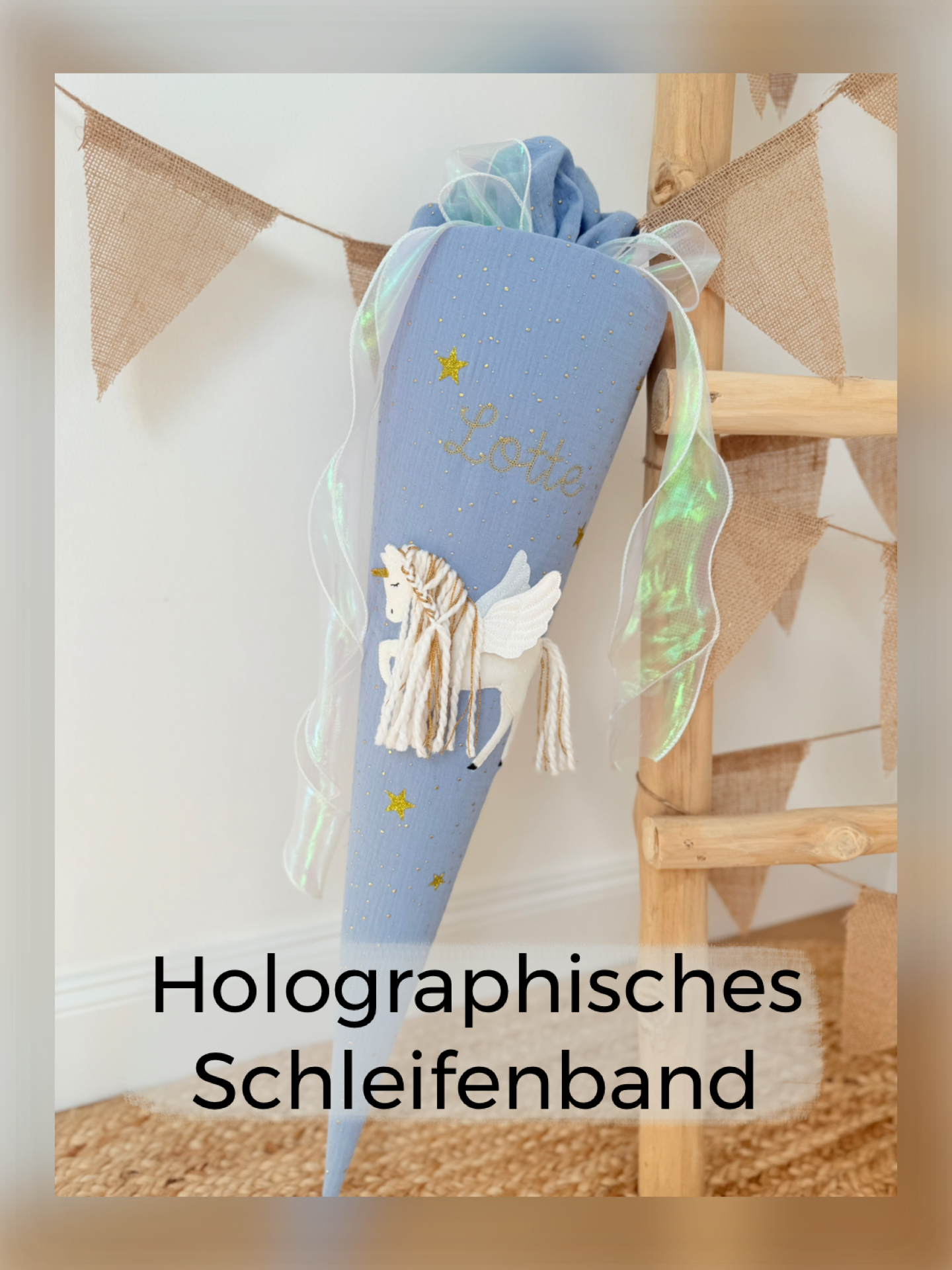 Dein Design | Gold Musselin Schultüte 70 cm | Einhorn mit Flügeln | Pegasus | Kissen Inlett