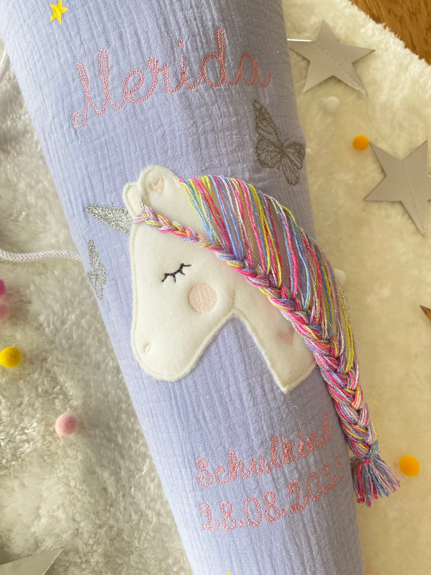 Musselin Schultüte 70 cm | Soft Dezent Pastel | Einhorn Glitzer Regenbogen Mähne | Kissen Inlett