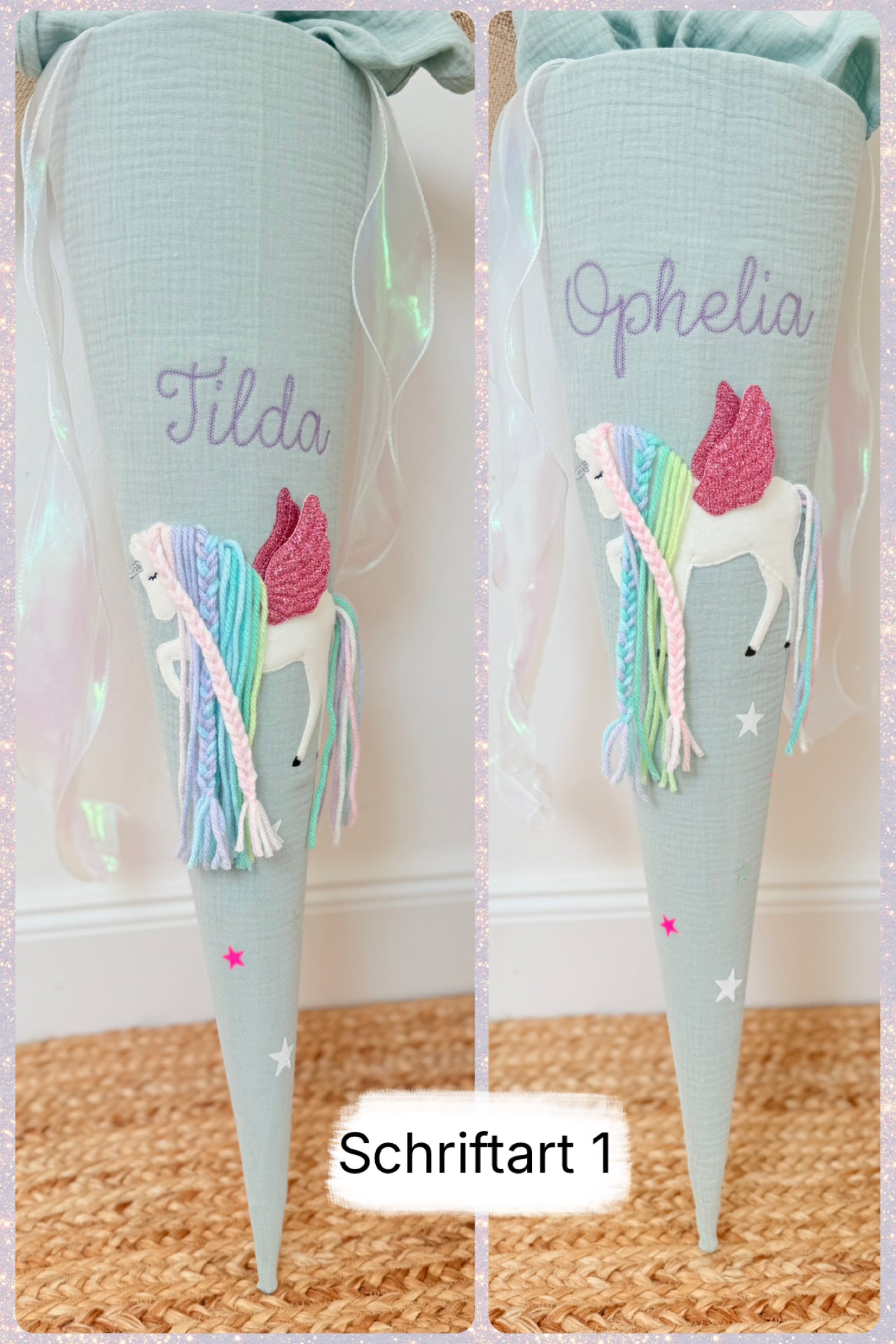 Dein Design | Musselin Schultüte 70 cm & Kita/Geschwistertüte 35 cm | Einhorn mit Flügeln | Pegasus | Regenbogenmähne | Kissen Inlett