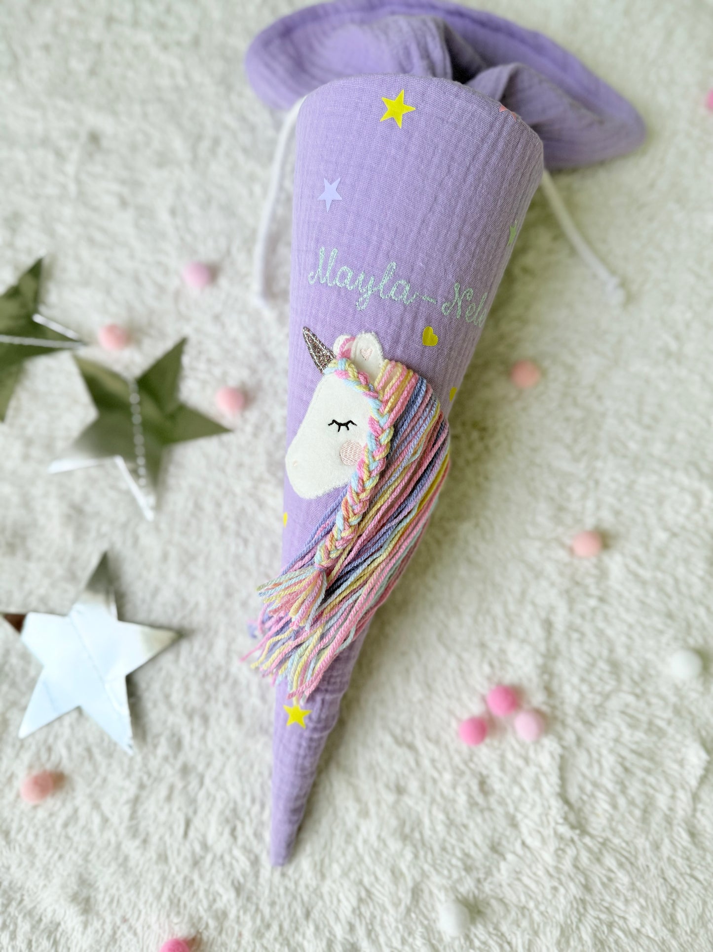 Musselin Geschwistertüte | Kitatüte | Einhorn Regenbogenmähne Sterne & Herzen | Kissen Inlett