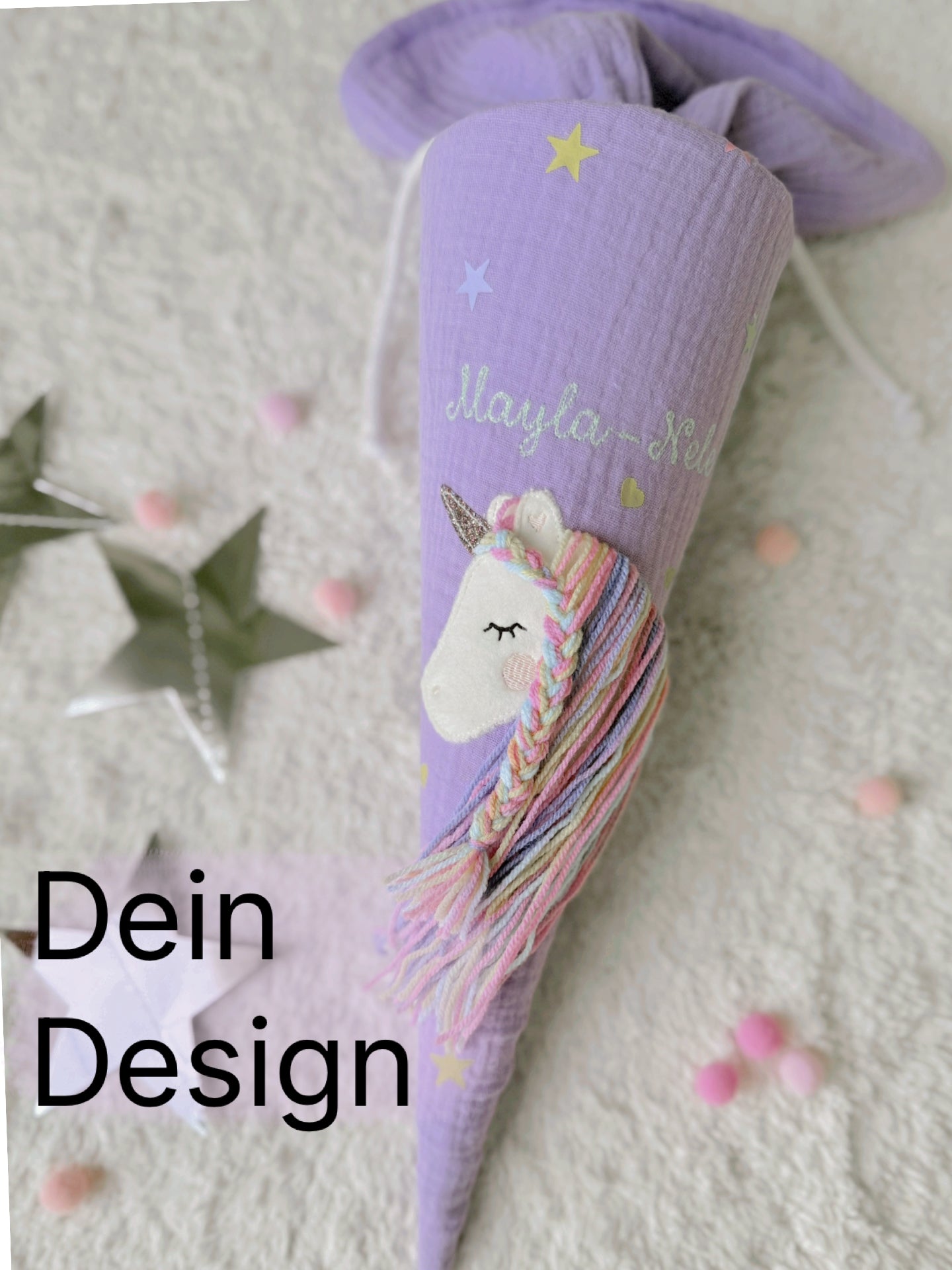 Musselin Geschwistertüte | Kitatüte | Einhorn Regenbogenmähne Sterne & Herzen | Kissen Inlett
