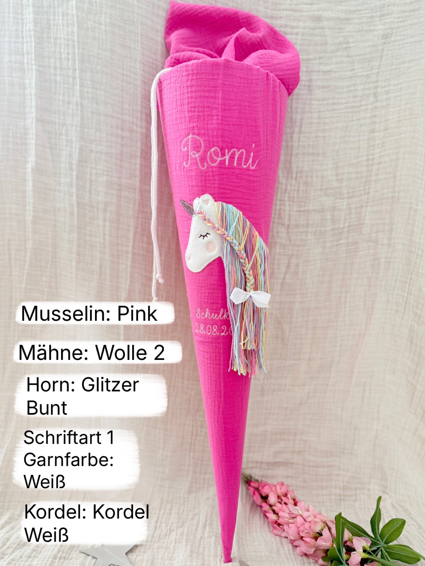 Dein Design Musselin Schultüte 70 cm | Einhorn Regenbogenmähne | Kissen Inlett