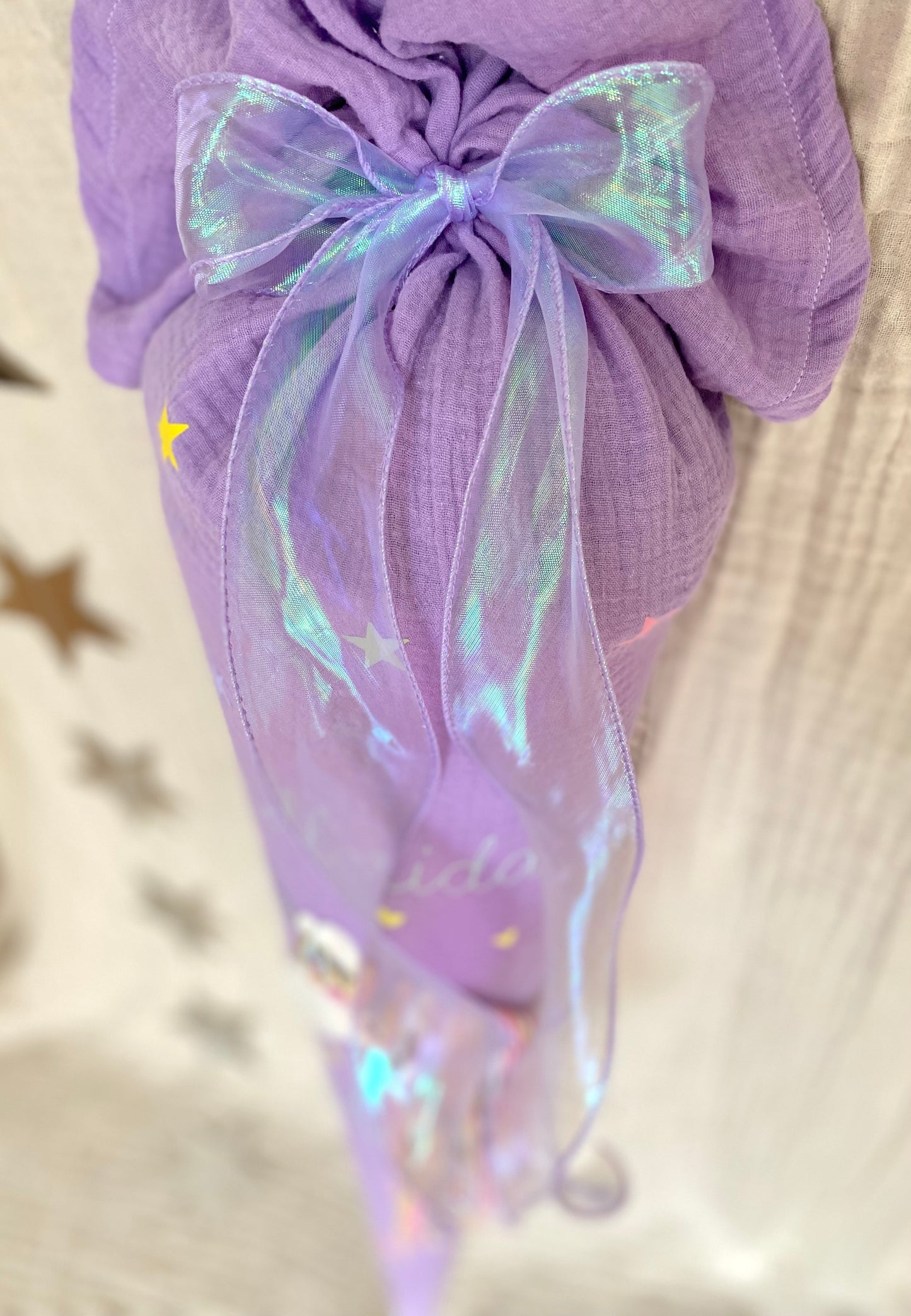 Musselin Schultüte 70 cm | Einhorn Regenbogenmähne | Hologramm Schleifenband | Kissen Inlett