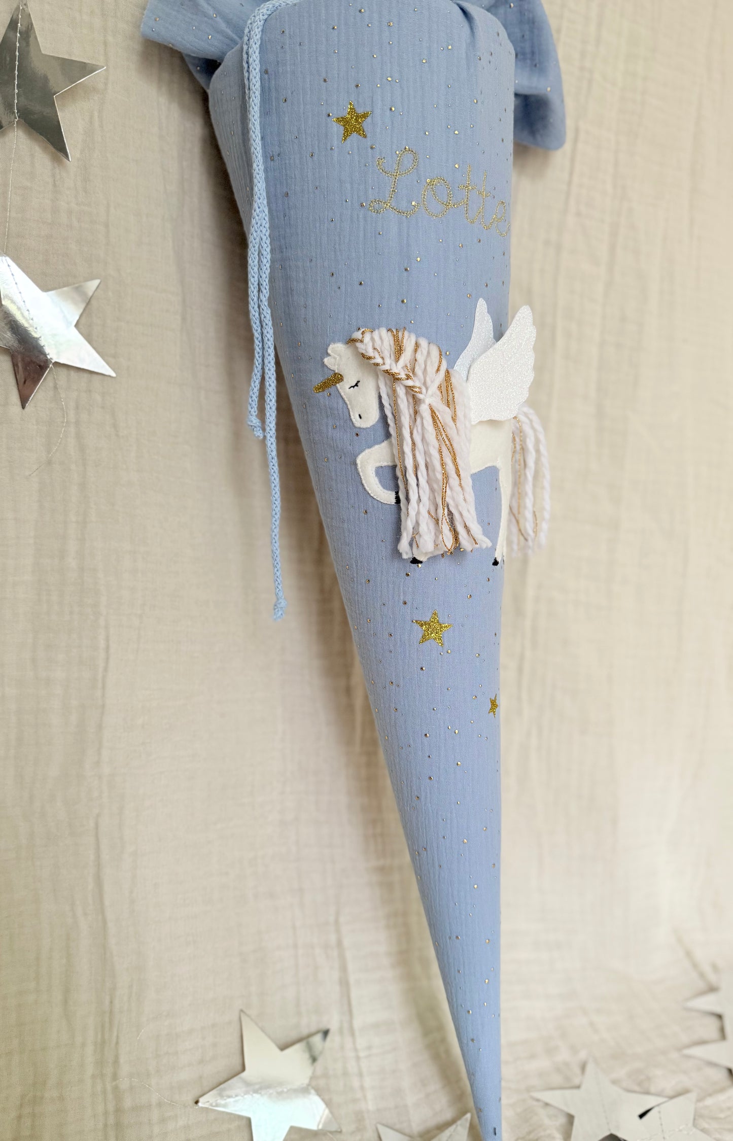 Dein Design | Gold Musselin Schultüte 70 cm | Einhorn mit Flügeln | Pegasus | Kissen Inlett