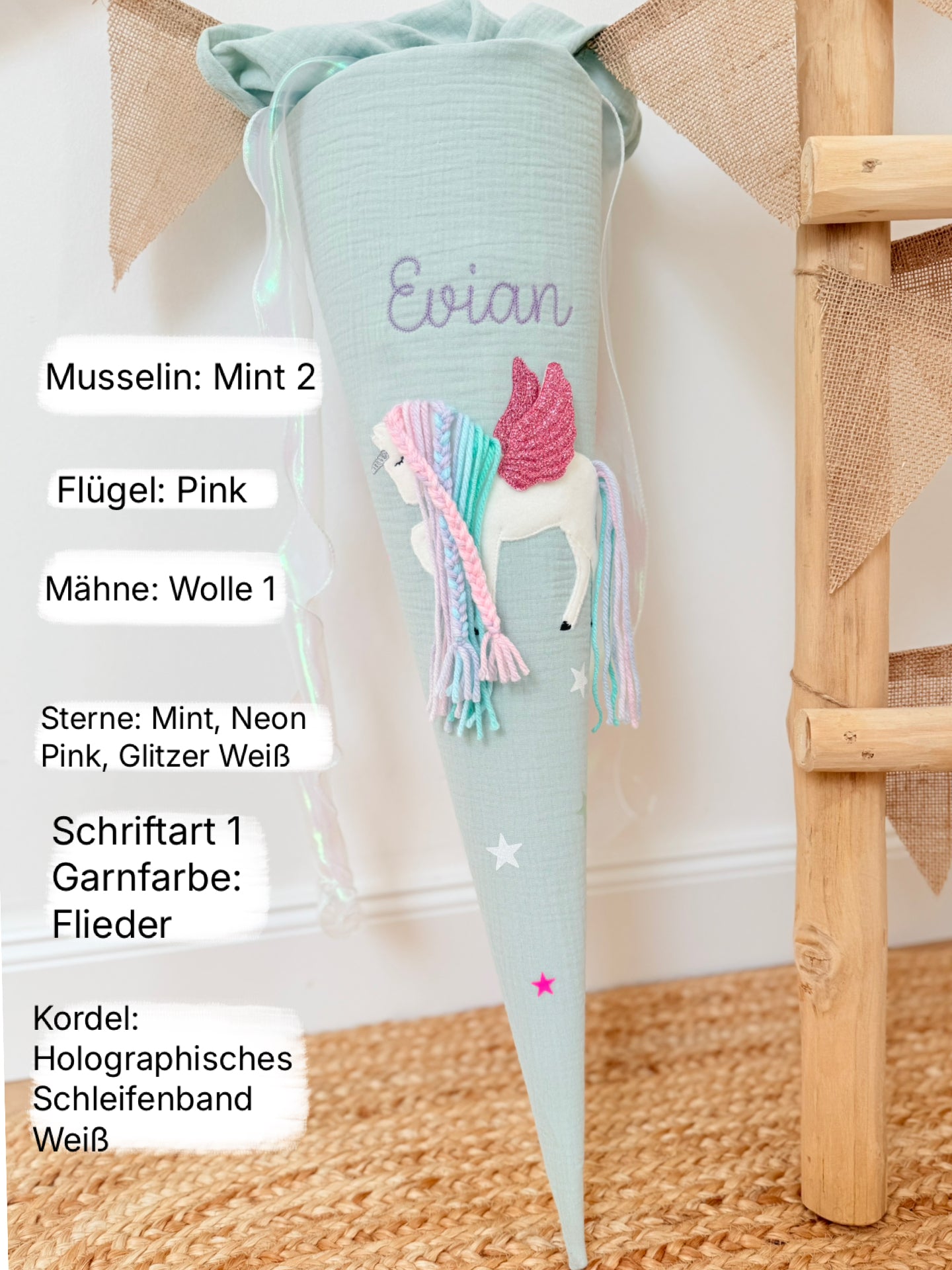 Dein Design | Musselin Schultüte 70 cm | Einhorn mit Flügeln | Pegasus | Regenbogenmähne | Kissen Inlett