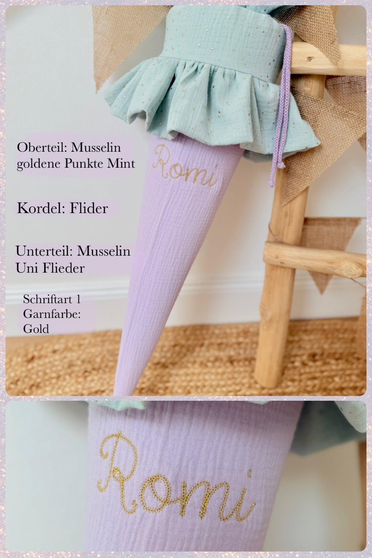 Dein Design | Musselin Schultüte mit Rüsche 70 cm | goldene Punkte/Unifarben | Vorname