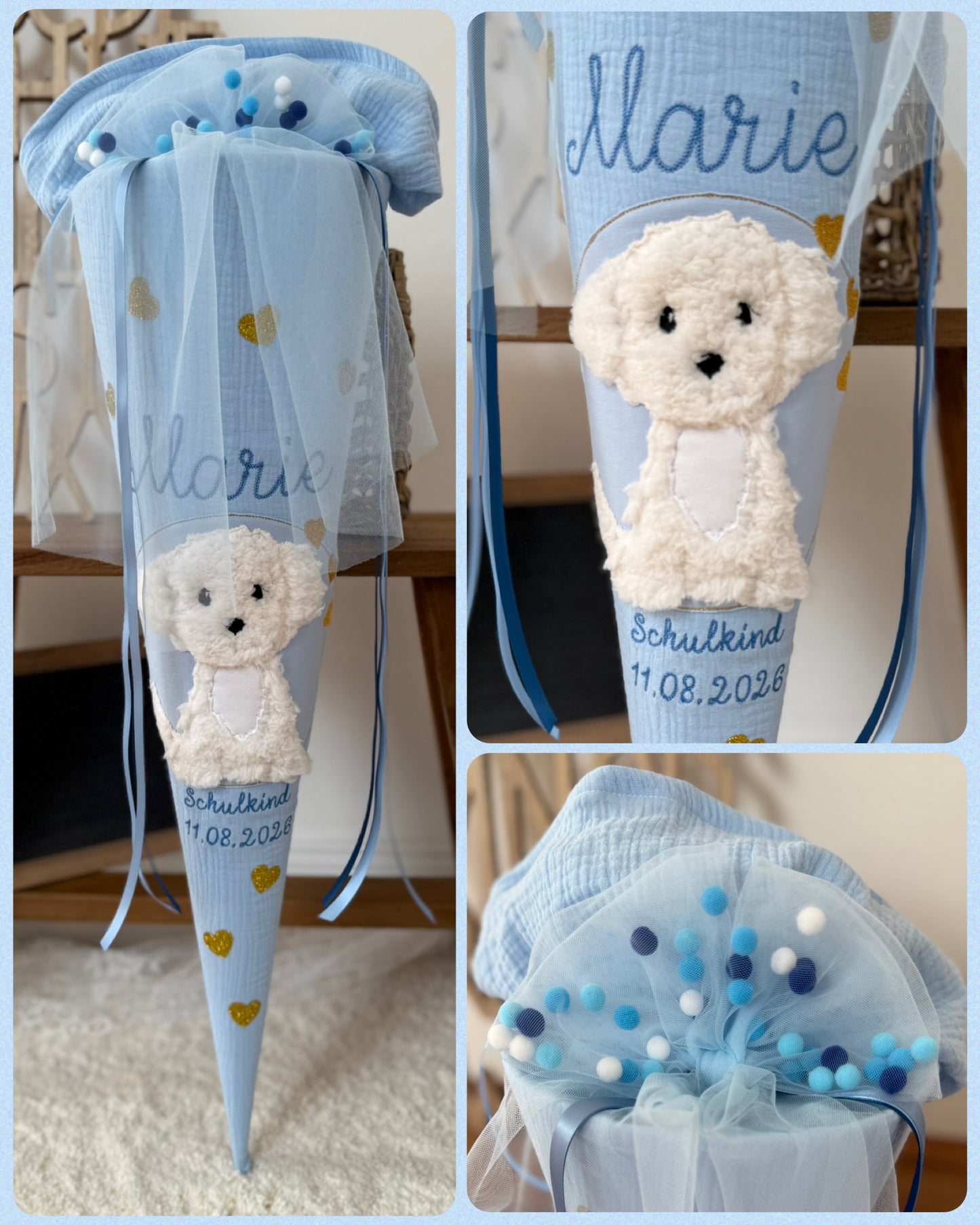 Pompon-Tüllschleife Blau für Schultüten ab 70 cm & 35 cm, Schleife für Schultüten Kita- und Geschwistertüten