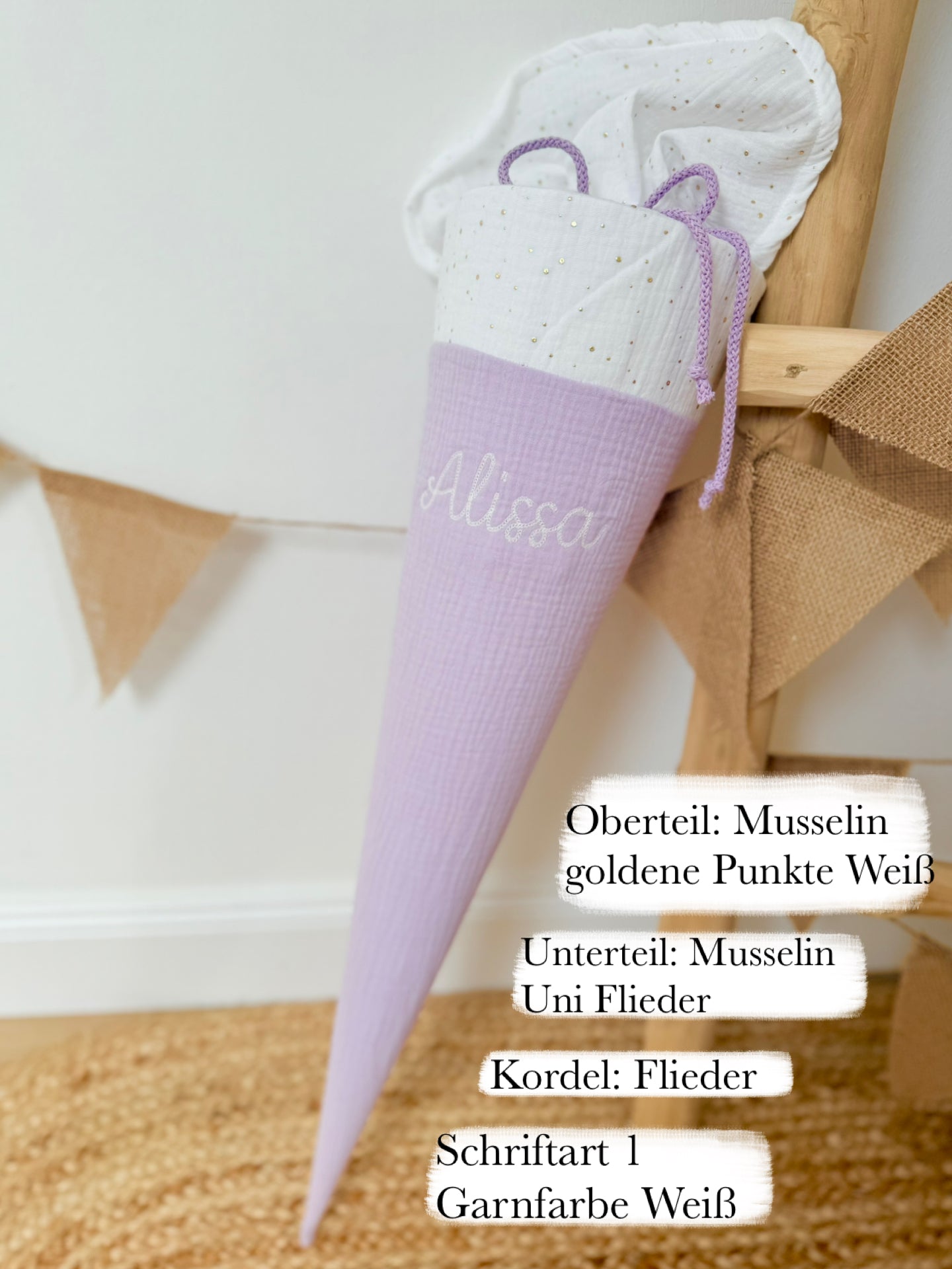 Dein Design | Musselin Schultüte 70 cm | goldene Punkte/Unifarben | Vorname