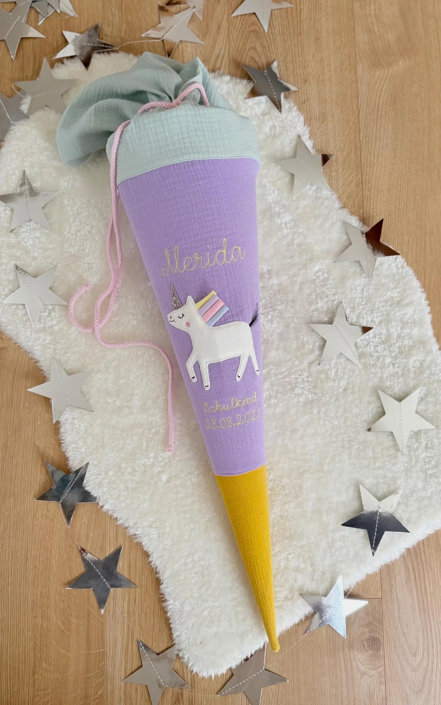 Musselin Schultüte | Einhorn Regenbogenmähne 70 cm | Kissen Inlett
