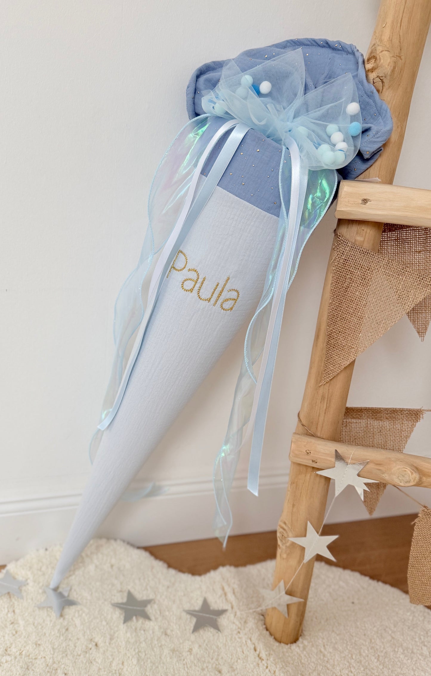 Blau Tüllschleife - Pompon Schleife für Schultüte (70 cm), Kita- & Geschwistertüten (35 cm)