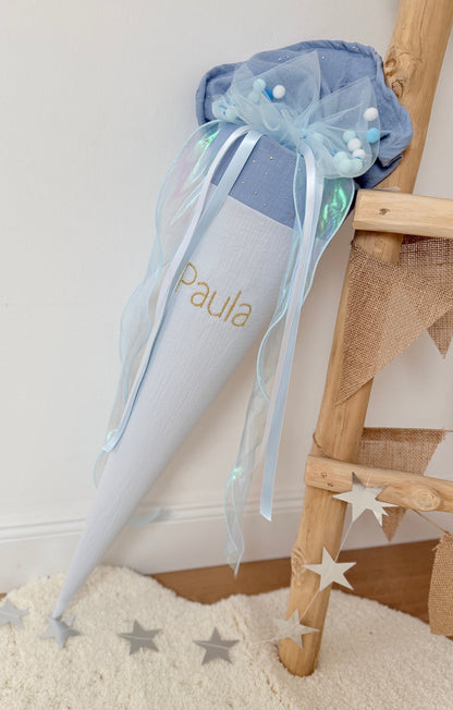 Blau Tüllschleife - Pompon Schleife für Schultüte (70 cm), Kita- & Geschwistertüten (35 cm)