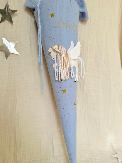 Dein Design | Gold Musselin Schultüte 70 cm | Einhorn mit Flügeln | Pegasus | Kissen Inlett