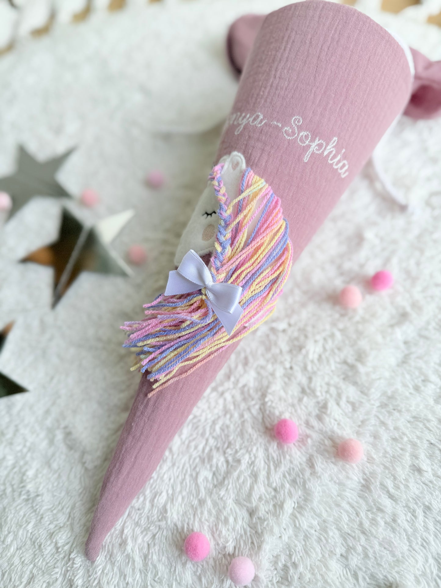 Dein Design | Musselin Kitatüte Geschwistertüte 35 cm | Einhorn Regenbogenmähne | Kissen Inlett