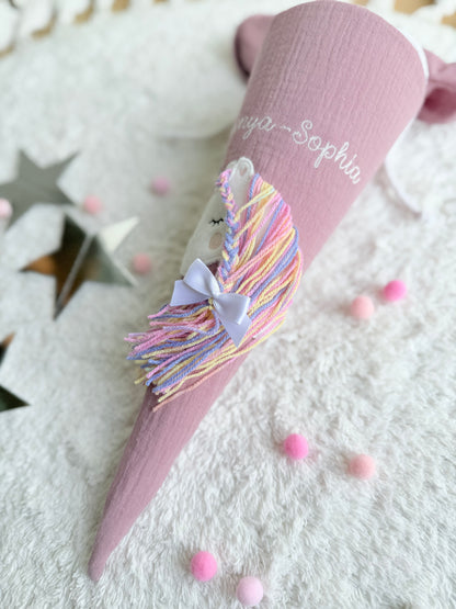 Dein Design | Musselin Kitatüte Geschwistertüte 35 cm | Einhorn Regenbogenmähne | Kissen Inlett