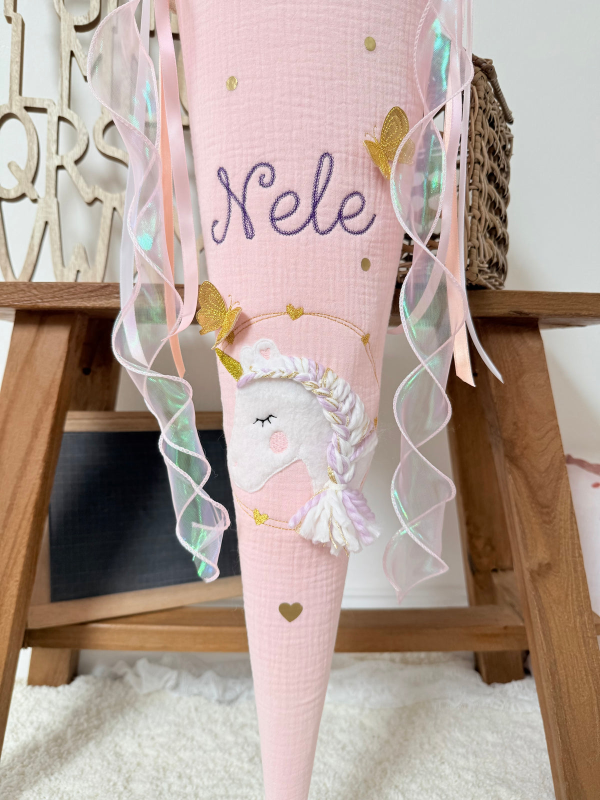 Musselin Schultüte 70cm,Babyrosa, Glitzer, Einhorn mit Schmetterlingen – optional mit Kissen