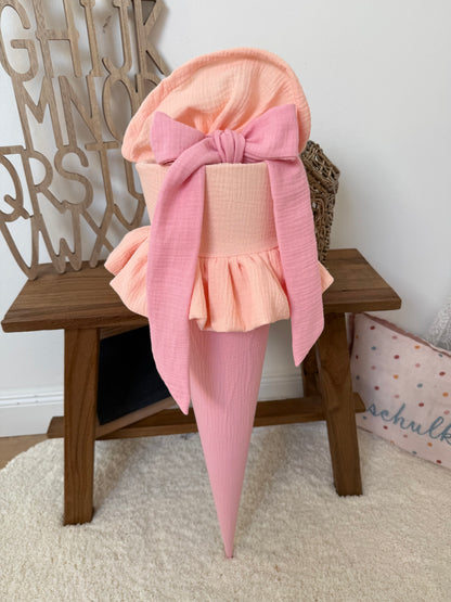 Basic Musselin Schultüte mit Rüsche & Musselinband, Unifarben zweifarbig - viele Farben, personalisierbar, optimal mit Kissen
