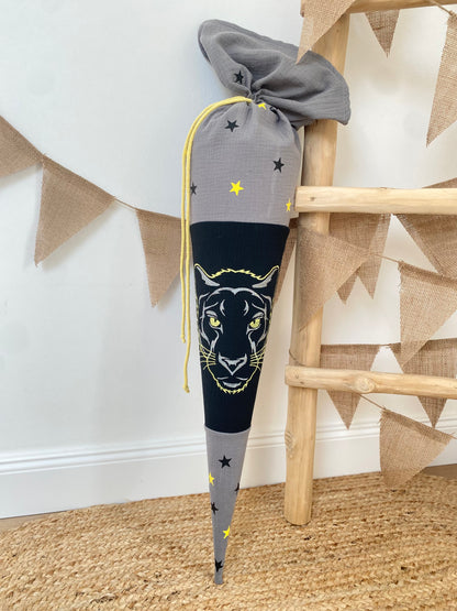 Musselin Schultüte Panther 70 cm | Geschwistertüte 35 cm | Kissen Inlett